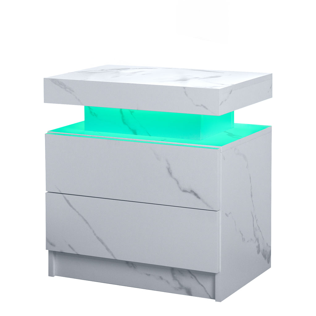 Nightstand LED Bedside Table Cabinet Lights Modern End Side with 2 Drawers for Bedroom (White Stone) - Grand Goldman Shop