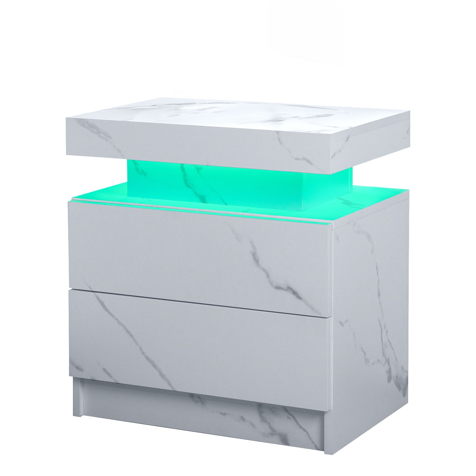 Nightstand LED Bedside Table Cabinet Lights Modern End Side with 2 Drawers for Bedroom (White Stone) - Grand Goldman Shop