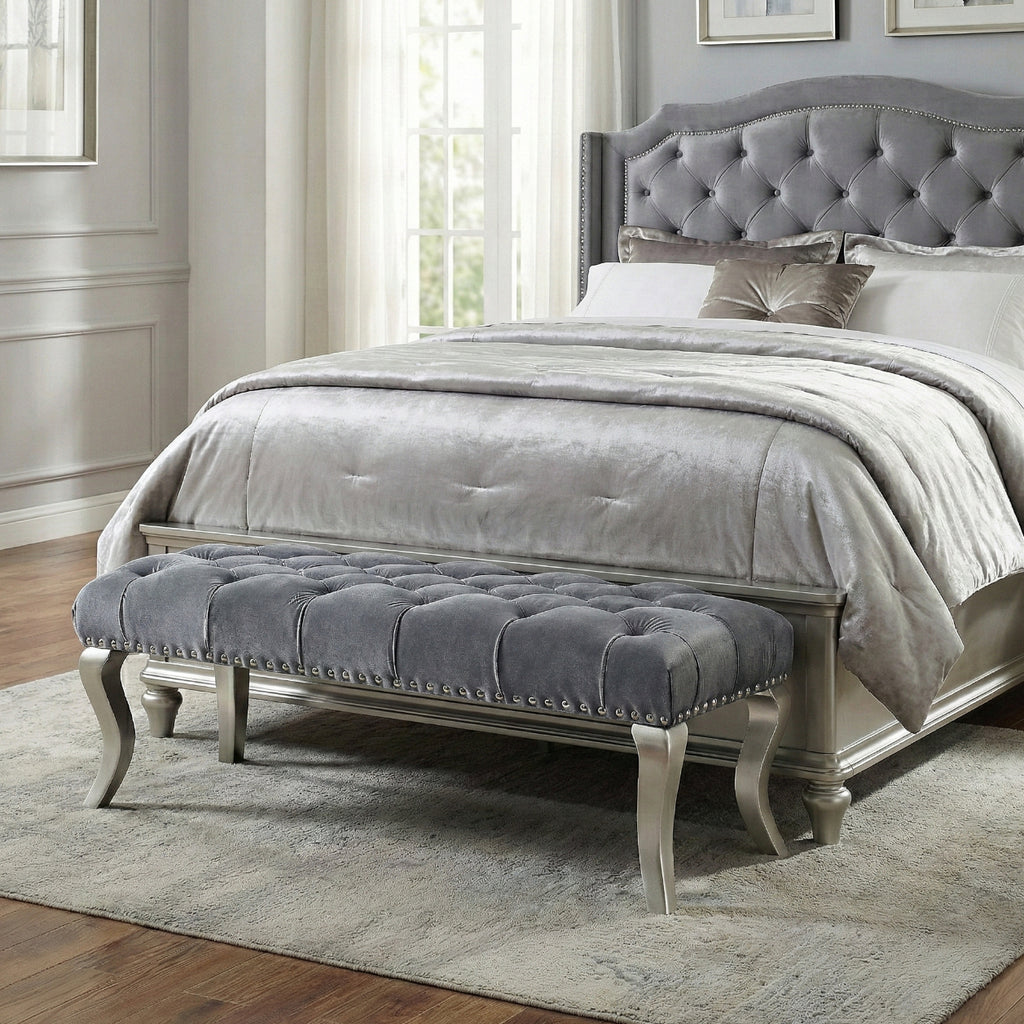 Decor Maxem Tufted Fabric Upholstered Bench Nailhead Trim , Gray - Grand Goldman Shop