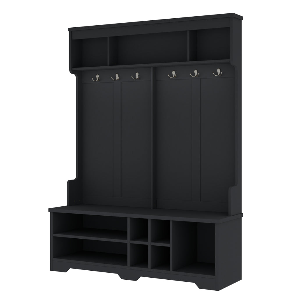 Modern Hallway Hall Tree with Metal Hooks and Storage Space, Multi-Functional Entryway Coat Rack with Shoe Cubbies, Black - Grand Goldman Shop