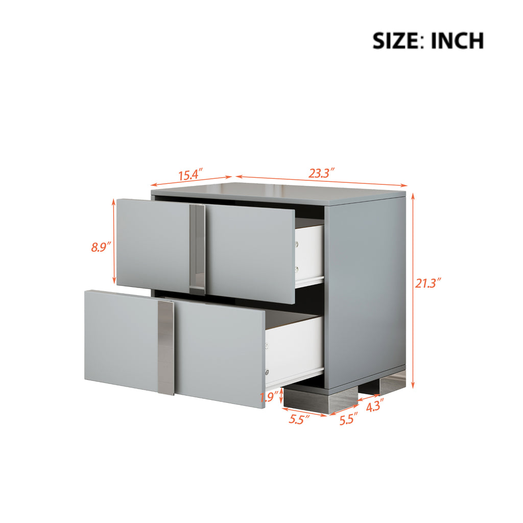 Elegant Nightstand with Metal Foot, Mirrored Bedside Table with 2 Drawers for Bedroom, Living Room, Gray (Old SKU: WF319353AAE) - Grand Goldman Shop