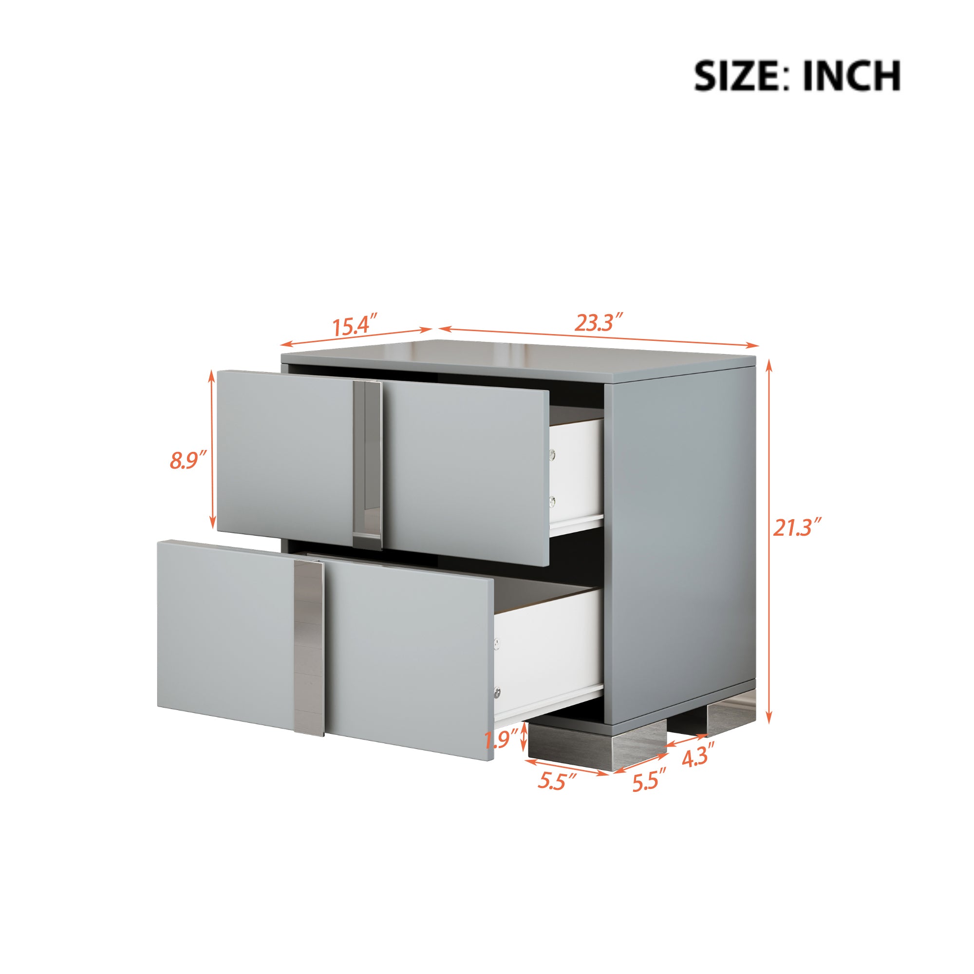 Elegant Nightstand with Metal Foot, Mirrored Bedside Table with 2 Drawers for Bedroom, Living Room, Gray (Old SKU: WF319353AAE) - Grand Goldman Shop