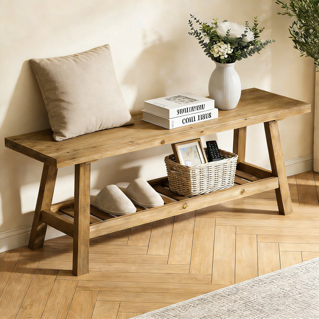 43' Farmhouse Wood Bench, 2-Tier Entryway Bench, Narrow Rustic Storage Bench with Open Storage Shelf for Entryway, Hallway, Living Room, Bedroom, Kitchen, Dining (Distressed Wood Color) - Grand Goldman Shop