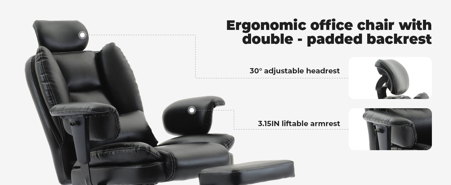 Office Chair Ergonomic 200 kg PU Leather Computer Chair with Lumbar Support and High Backrest, Ergonomic Desk Chair with Lift