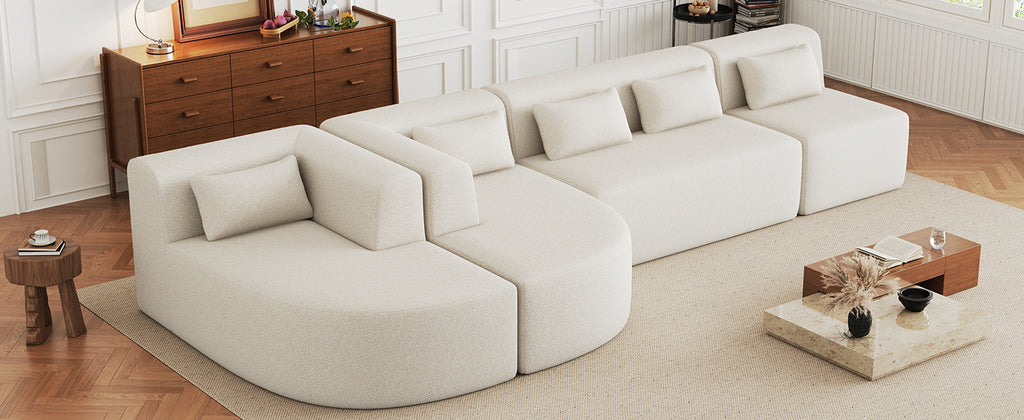 Modern Upholstered L-Shape Sofa with Chaise Lounge and Back Pillows, Beige Boucle Fabric, 144 inches - Grand Goldman Shop