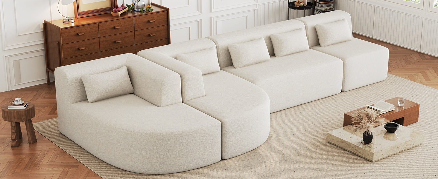 Modern Upholstered L-Shape Sofa with Chaise Lounge and Back Pillows, Beige Boucle Fabric, 144 inches - Grand Goldman Shop
