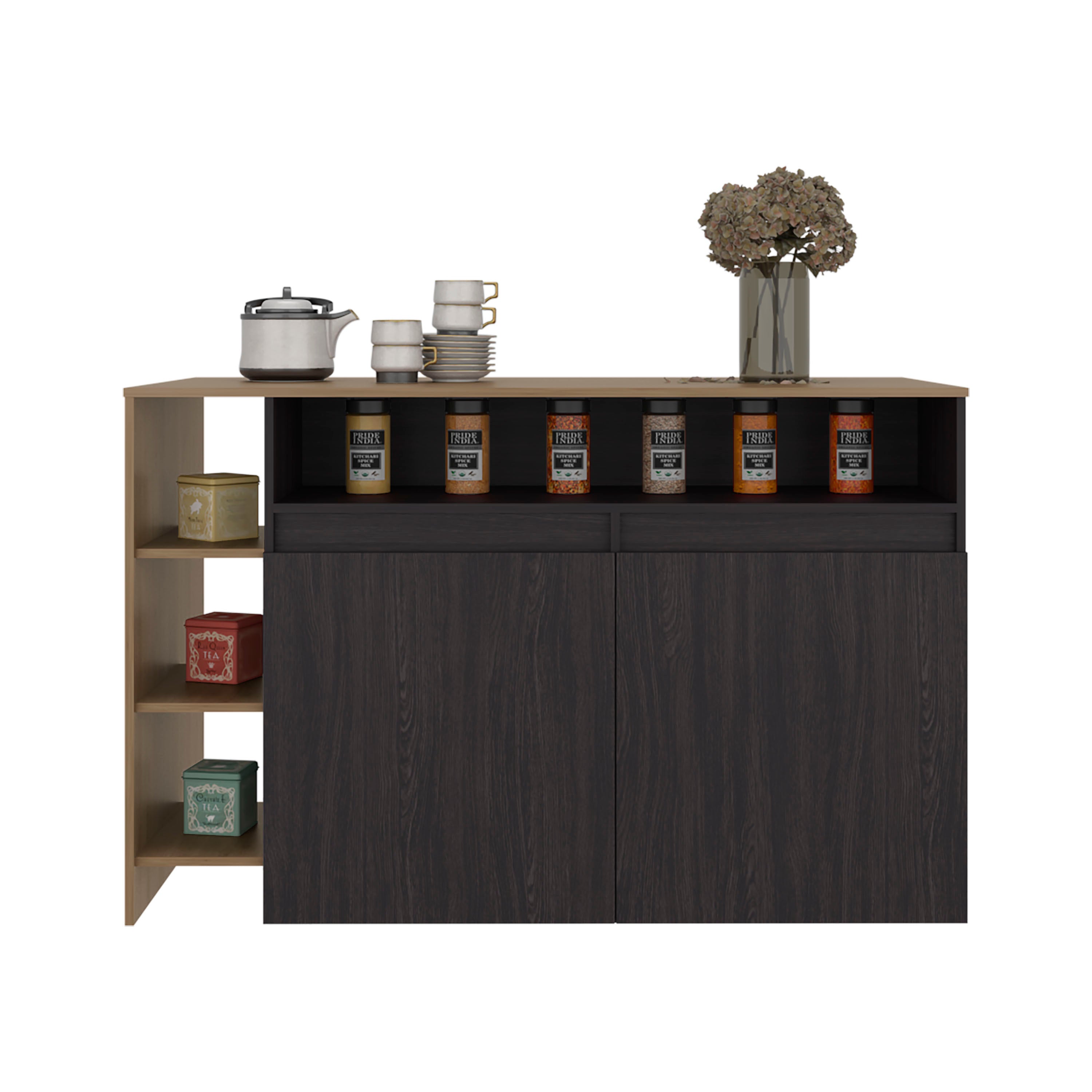 Elgin Kitchen Bar Counter with Ample Storage and Shelves, Black Wengue / Natural Oak - Grand Goldman Shop