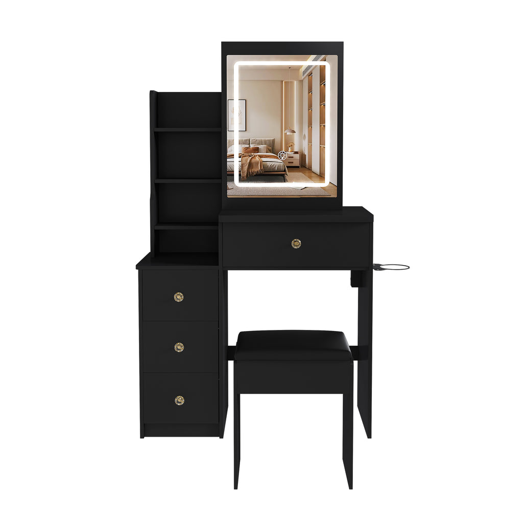 Modern Vanity Desk with 3 LED Lighting Modes, 4 Drawers, Open Shelves, Hair Dryer Holder & Power Socket, Black MDF Dressing Table Set with Chair - Grand Goldman Shop