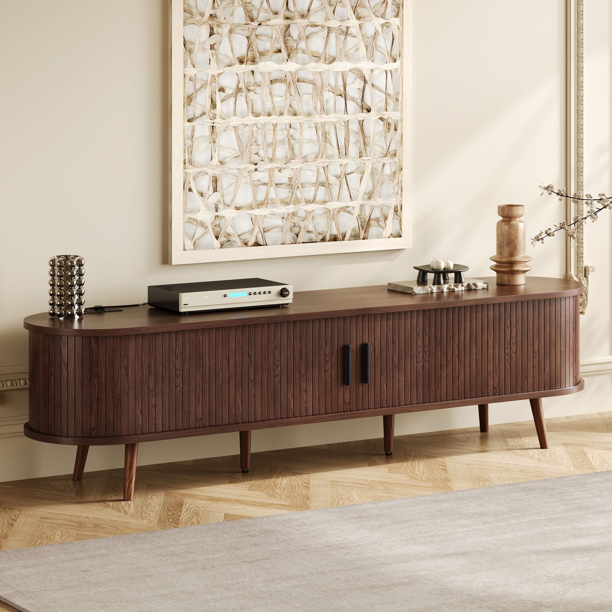 Mid Century Modern TV Stand for 70-Inch TV, Dark Brown MDF & Solid Wood Console with Tambour Doors, Drawers and Built-in Power Outlet - Grand Goldman Shop