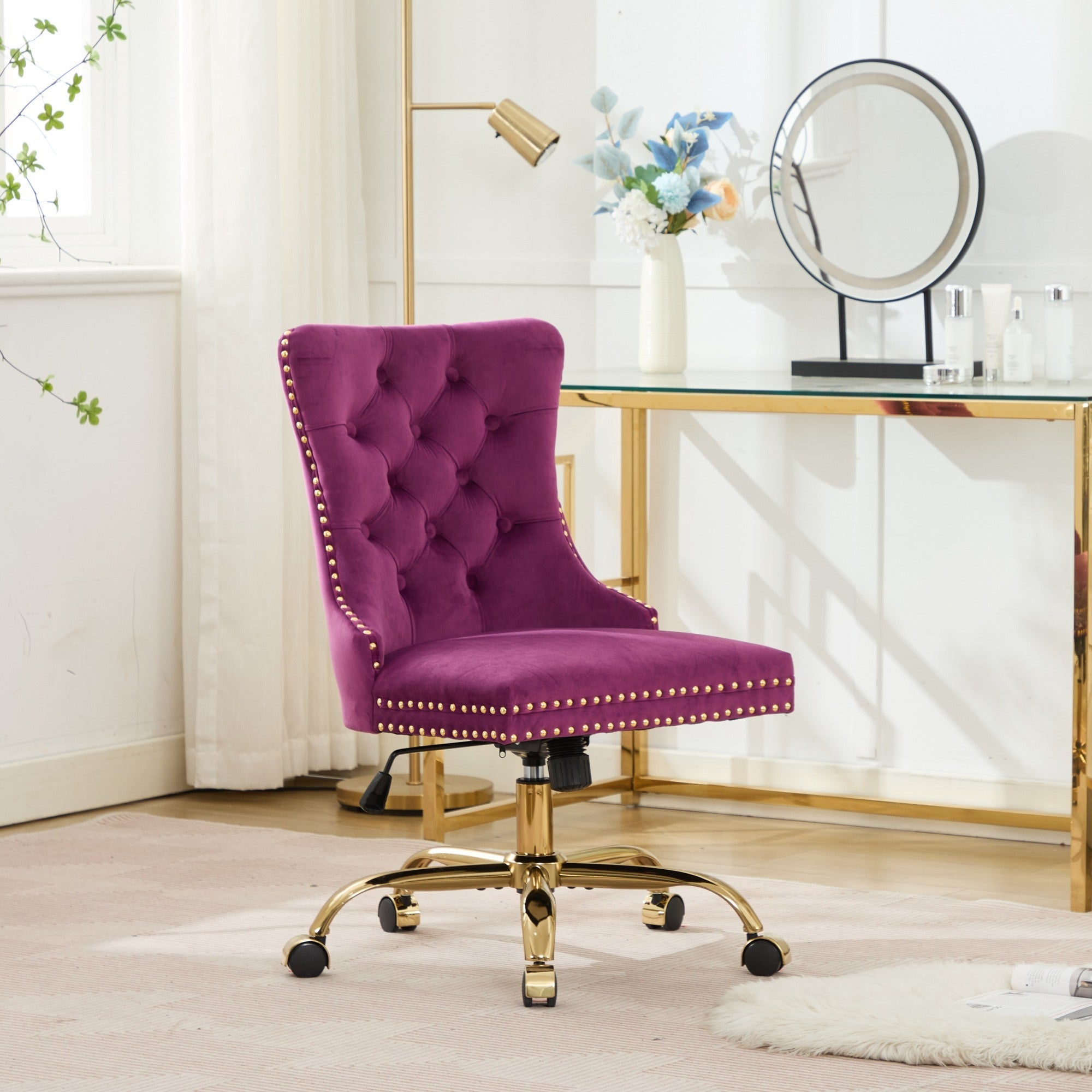 A&A Furniture Office Chair,Modern Velvet Upholstered Tufted Button Home Office Chair with Golden Metal Base,Adjustable Desk C