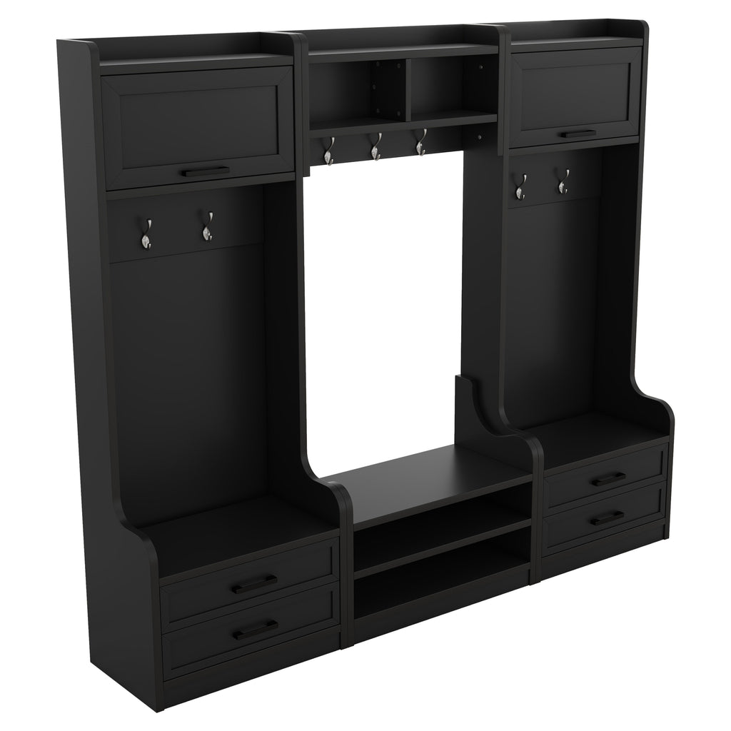 4-in-1 Detachable Hall Tree with Storage and 7 Hooks, Multiple Functions Hallway Coat Rack with Storage Drawers and Cabinet, Black Shoe Bench for Entryway Hallway - Grand Goldman Shop