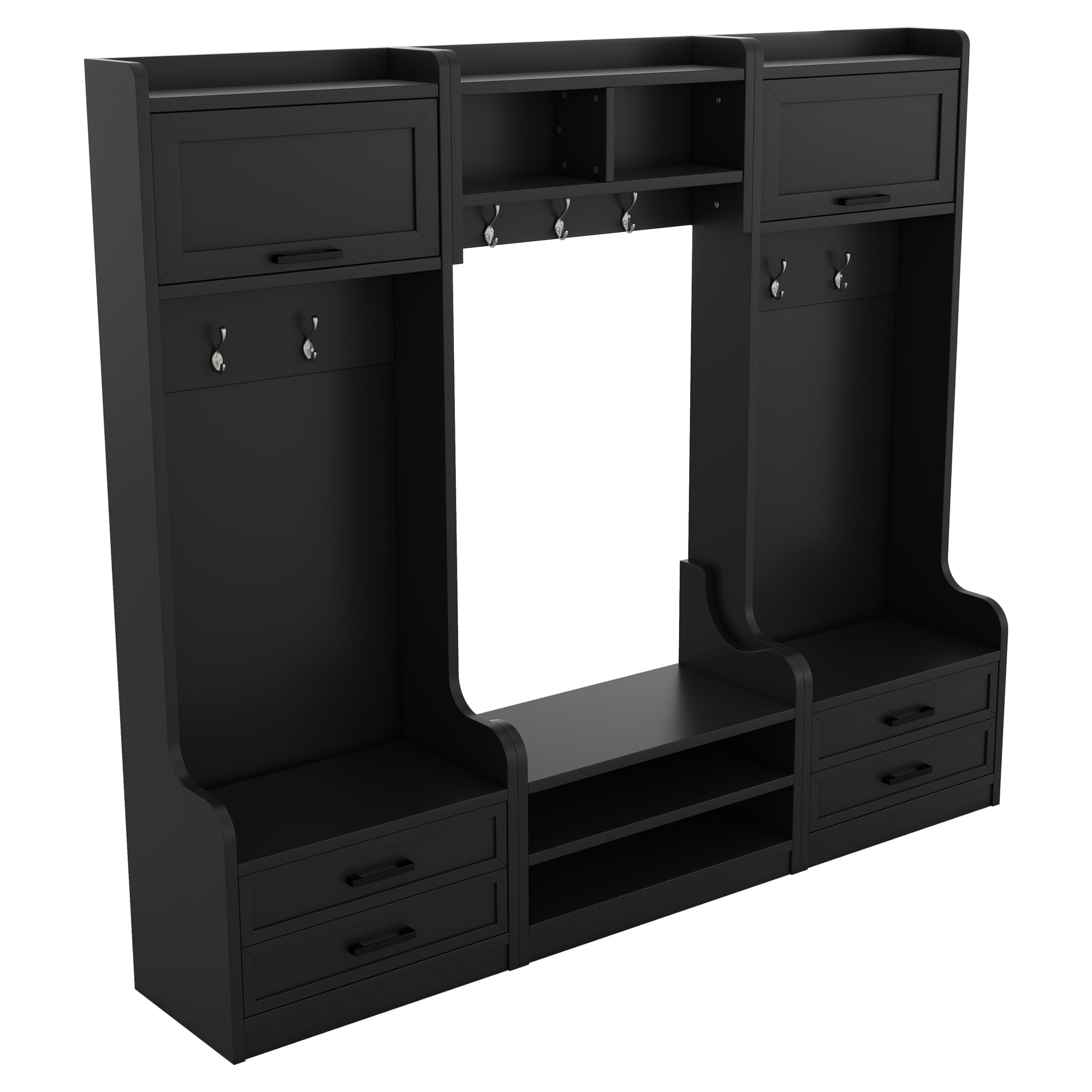 4-in-1 Detachable Hall Tree with Storage and 7 Hooks, Multiple Functions Hallway Coat Rack with Storage Drawers and Cabinet, Black Shoe Bench for Entryway Hallway - Grand Goldman Shop