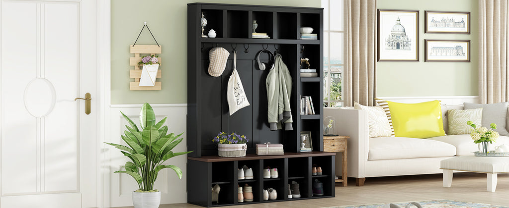 Farmhouse Wooden Hall Tree with 6 Hooks, Walnut Storage Bench with Adjustable Shelves,  4-in-1 Entryway Shoe Cabinet with Cubbies for Mudroom, Living Room, Black, 76.7'H (OLD SKU: N721S000044B) - Grand Goldman Shop