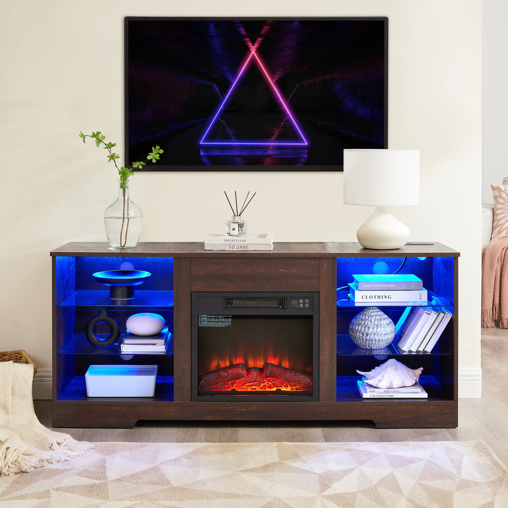 TV Stand Electric Fireplace TV Stand with Glass Shelves, 3D Fireplace TV Stand with LED Lights Wood with USB Charging Outlet Modern Television Table Center for TV up to 32-62' ESP 58''W*15.4''D*24.6 - Grand Goldman Shop