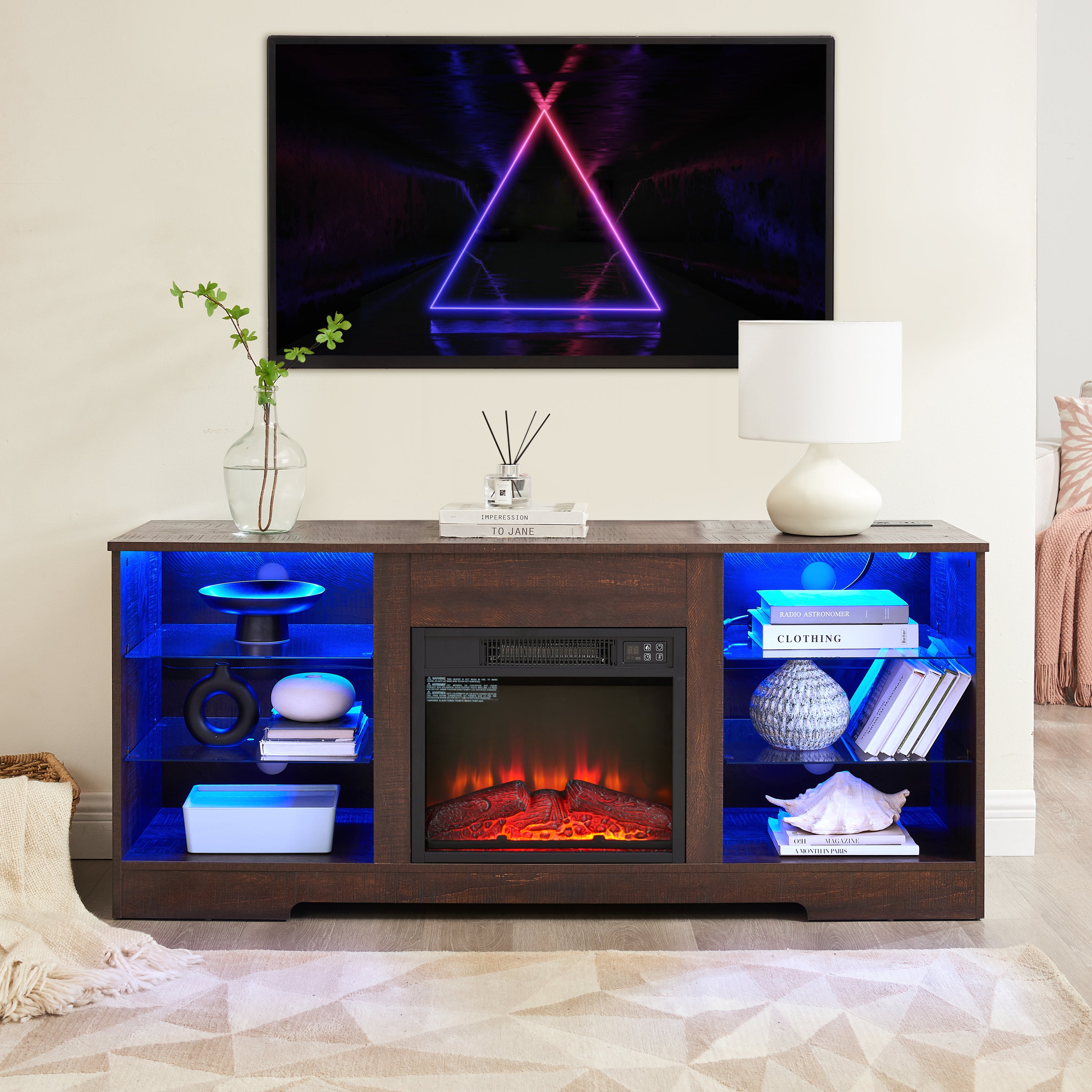 TV Stand Electric Fireplace TV Stand with Glass Shelves, 3D Fireplace TV Stand with LED Lights Wood with USB Charging Outlet Modern Television Table Center for TV up to 32-62' ESP 58''W*15.4''D*24.6 - Grand Goldman Shop