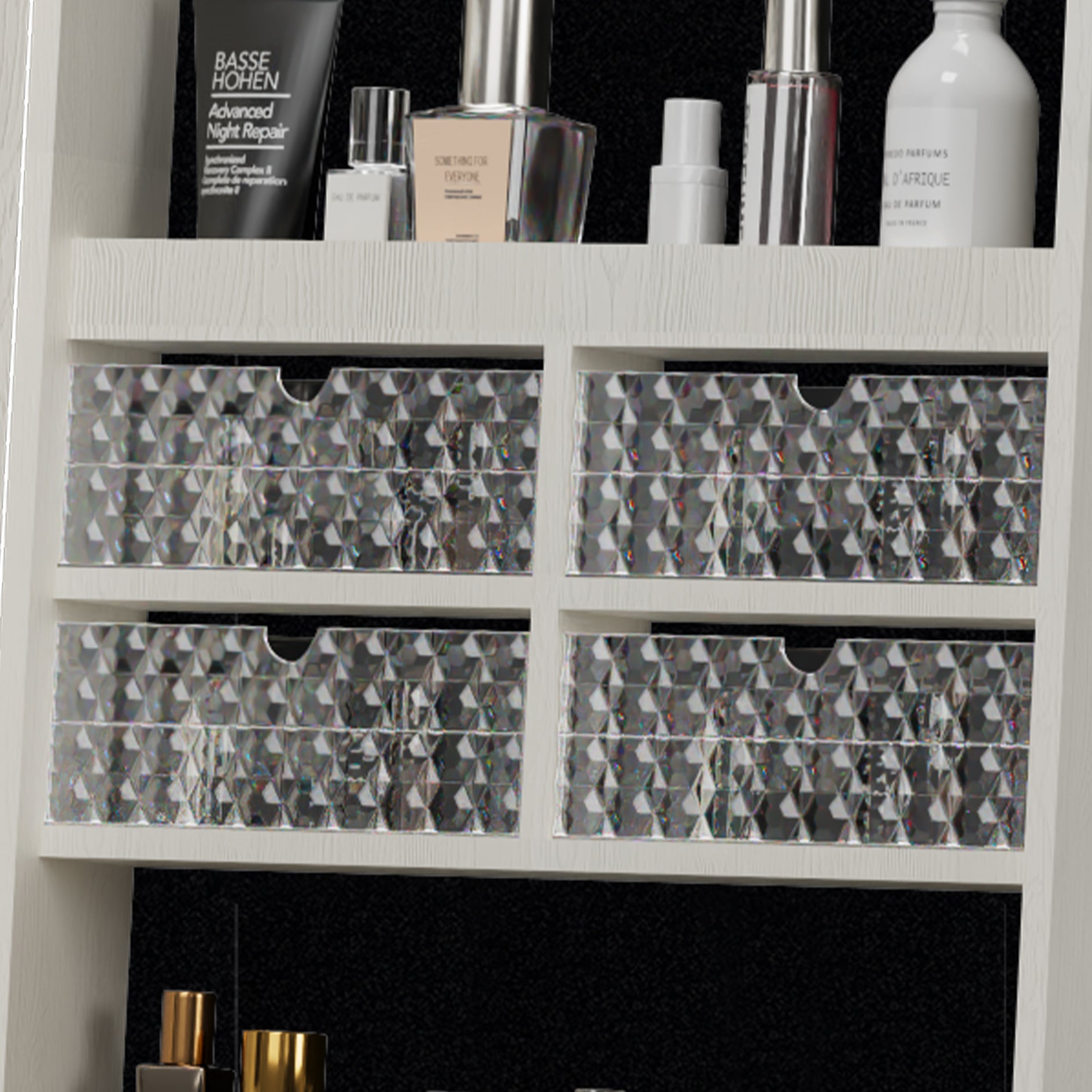 360°Swivel Jewelry Cabinet with Full Length Mirror, 360°Rotating Standing Jewelry Armoire Organizer, Lockable Storage Cabinet, Interior Lighted Mirror, White - Grand Goldman Shop