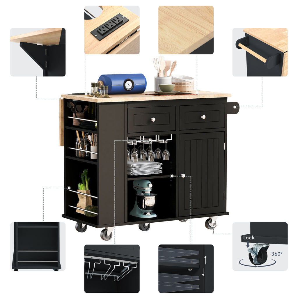Kitchen Island with Power Outlet,Kitchen Storage Island with Drop Leaf and Rubber Wood,Open Storage and Wine Rack,5 Wheels,with Adjustable Storage for Home, Kitchen, and Dining Room, Black - Grand Goldman Shop