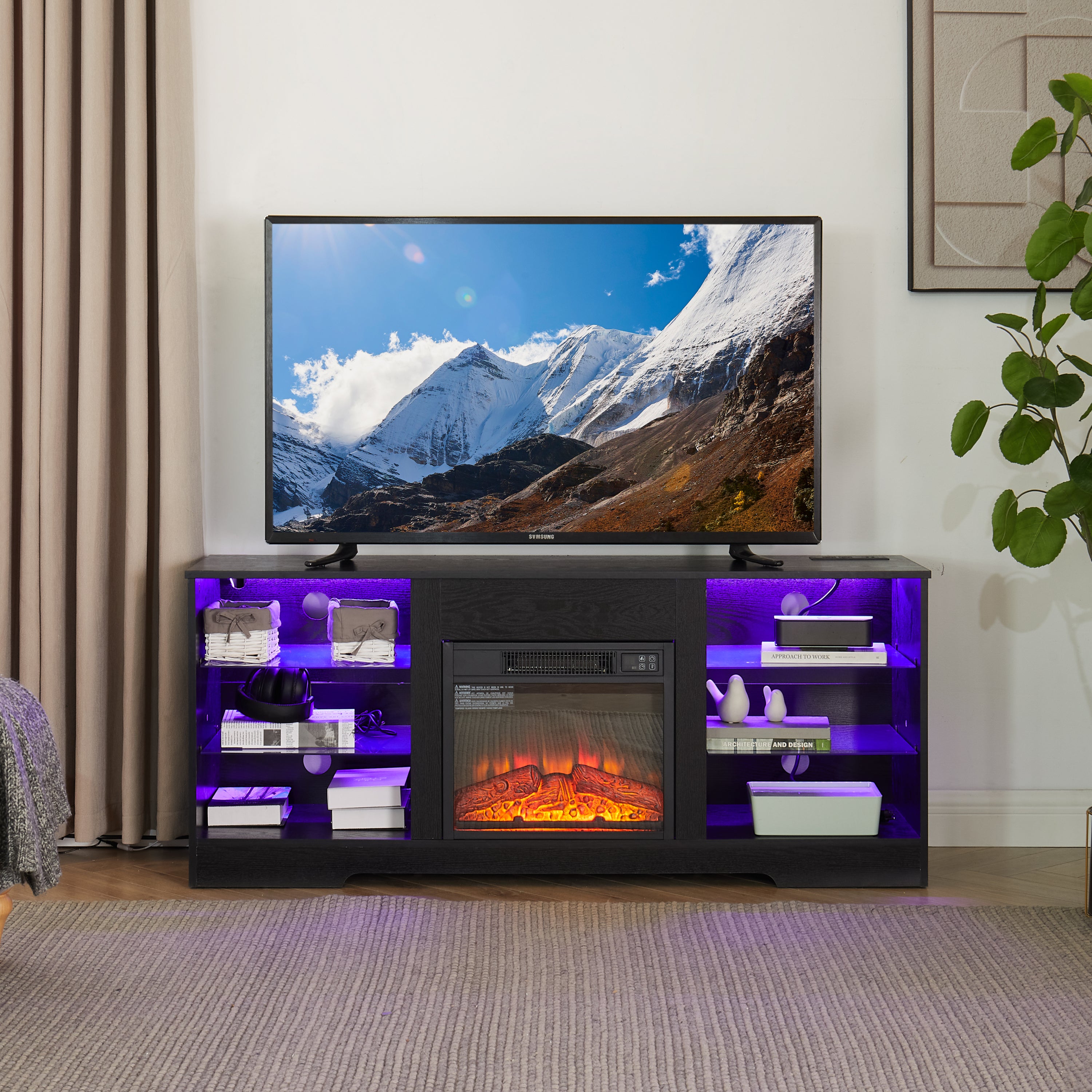 TV Stand Electric Fireplace TV Stand with Glass Shelves, 3D Fireplace TV Stand with LED Lights Wood with USB Charging Outlet Modern Television Table Center for TV up to 32-62' Black 58''W*15.4''D*24.6 - Grand Goldman Shop
