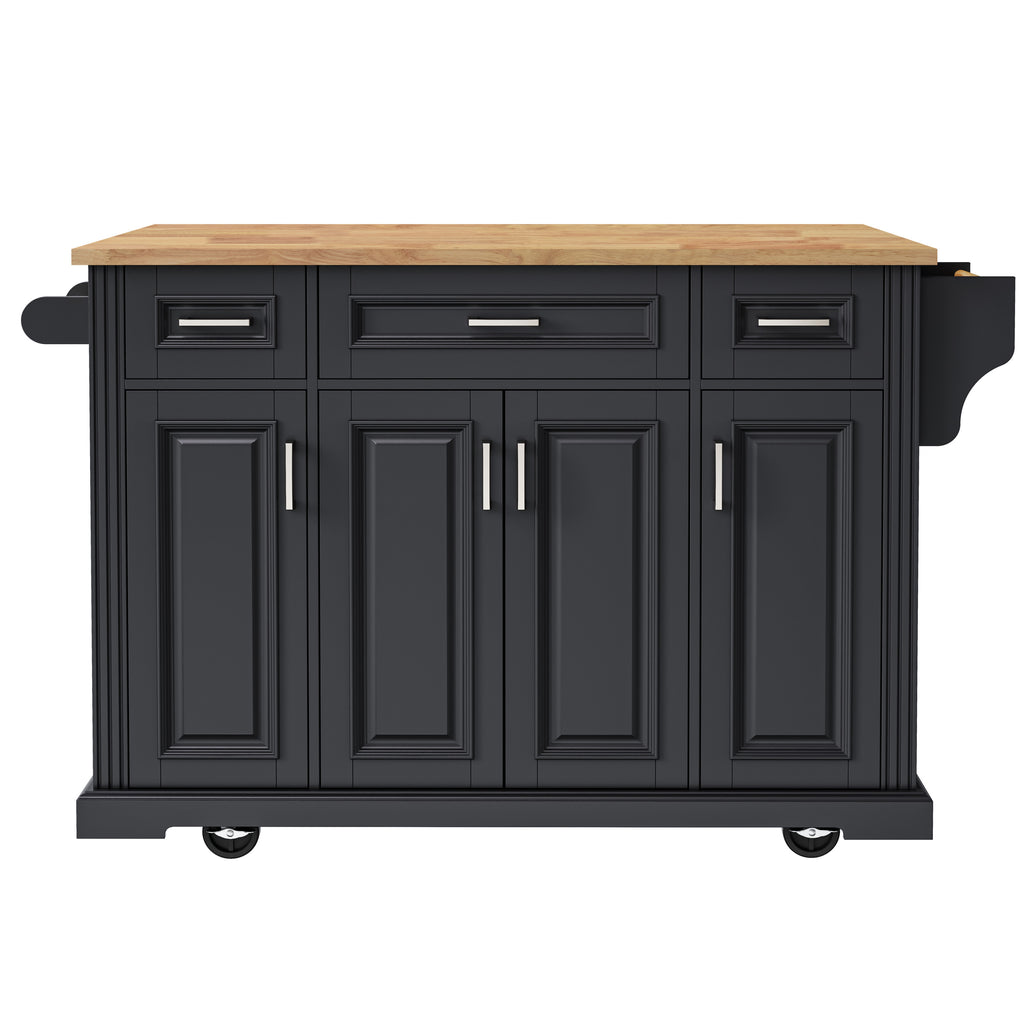 K&K 54inch Large Kitchen Island with Rubber Wood Drop Leaf, Embossed Texture Rolling Kitchen Cart on 4 Wheels with 4 Doors and 3 Drawers, Kitchen Island with Storage for Kitchen, Dining Room,Black - Grand Goldman Shop