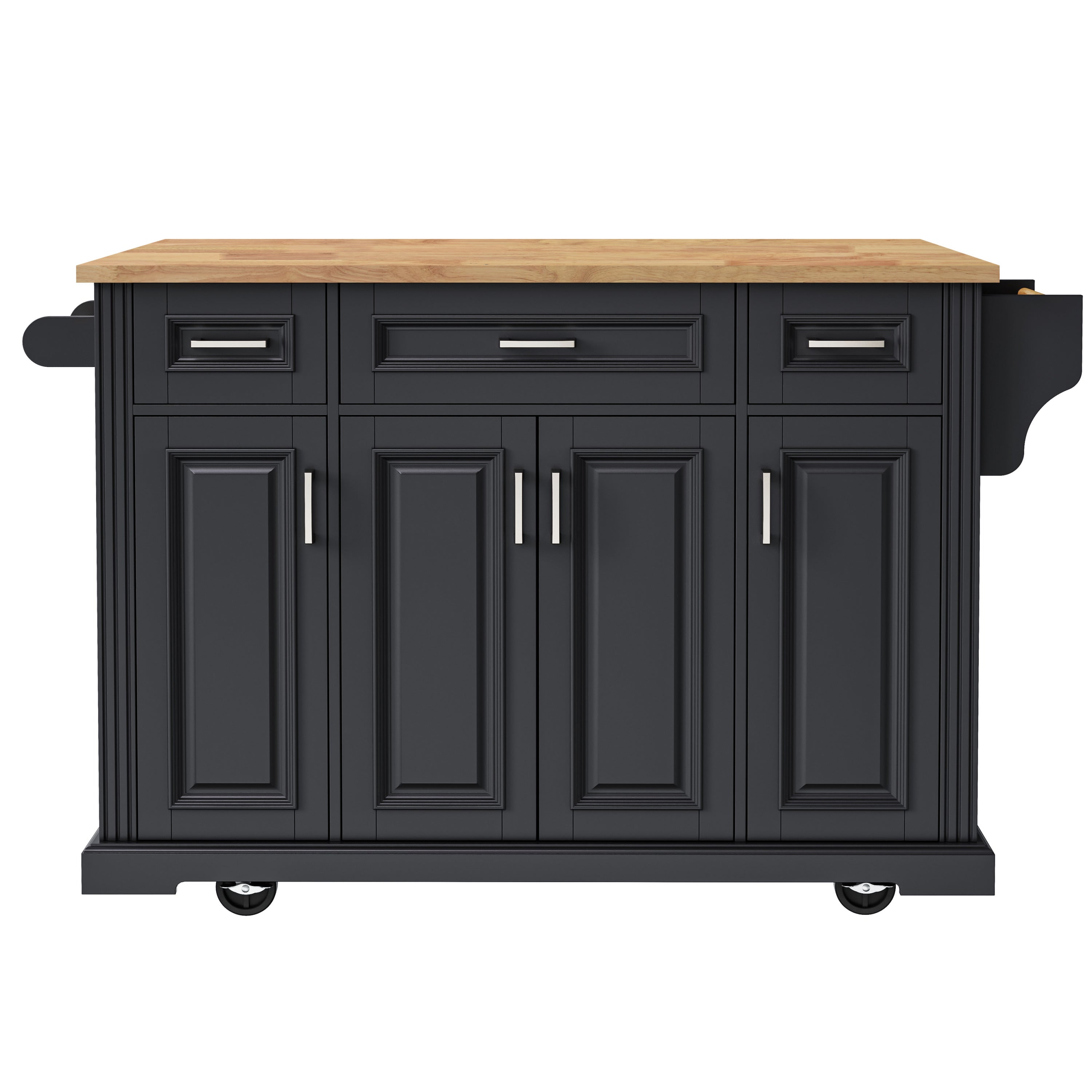 K&K 54inch Large Kitchen Island with Rubber Wood Drop Leaf, Embossed Texture Rolling Kitchen Cart on 4 Wheels with 4 Doors and 3 Drawers, Kitchen Island with Storage for Kitchen, Dining Room,Black - Grand Goldman Shop