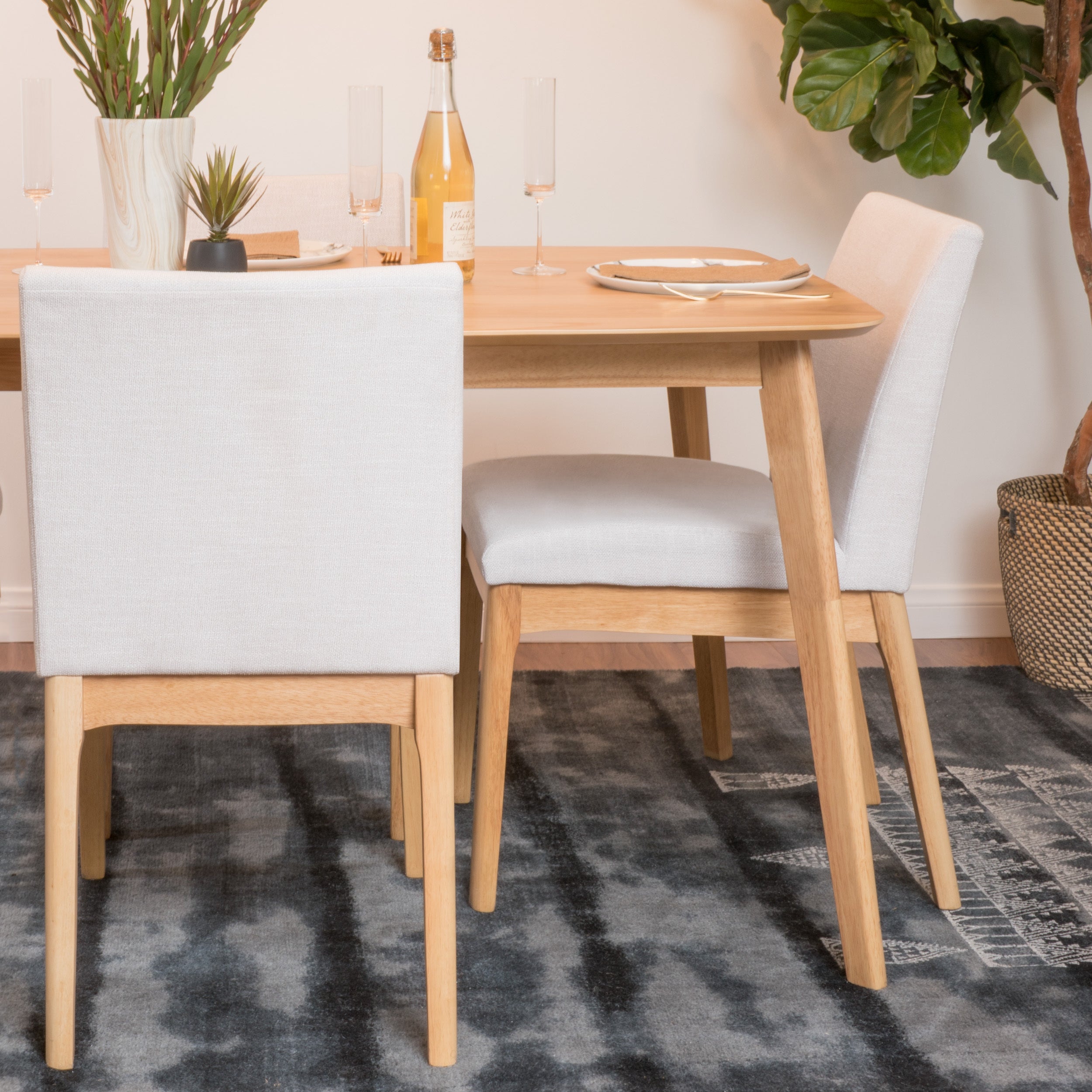 Contemporary Dining Chair Set of 2 with Upholstered Fabric and Rubberwood Legs in Light Beige - Grand Goldman Shop