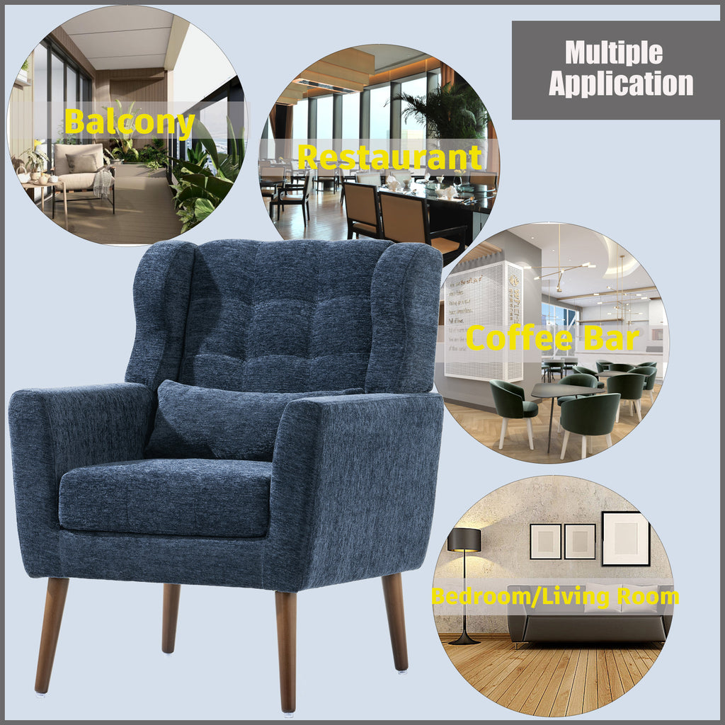 Modern Accent Chair,Chenille Arm Chairs for Living Room,Upholstered Mordern Armchair,Comfy Soft Padded Lounge Chair in Small Space, Bedroom, w/Pillow, Solid Wood Leg (Dark Blue) - Grand Goldman Shop