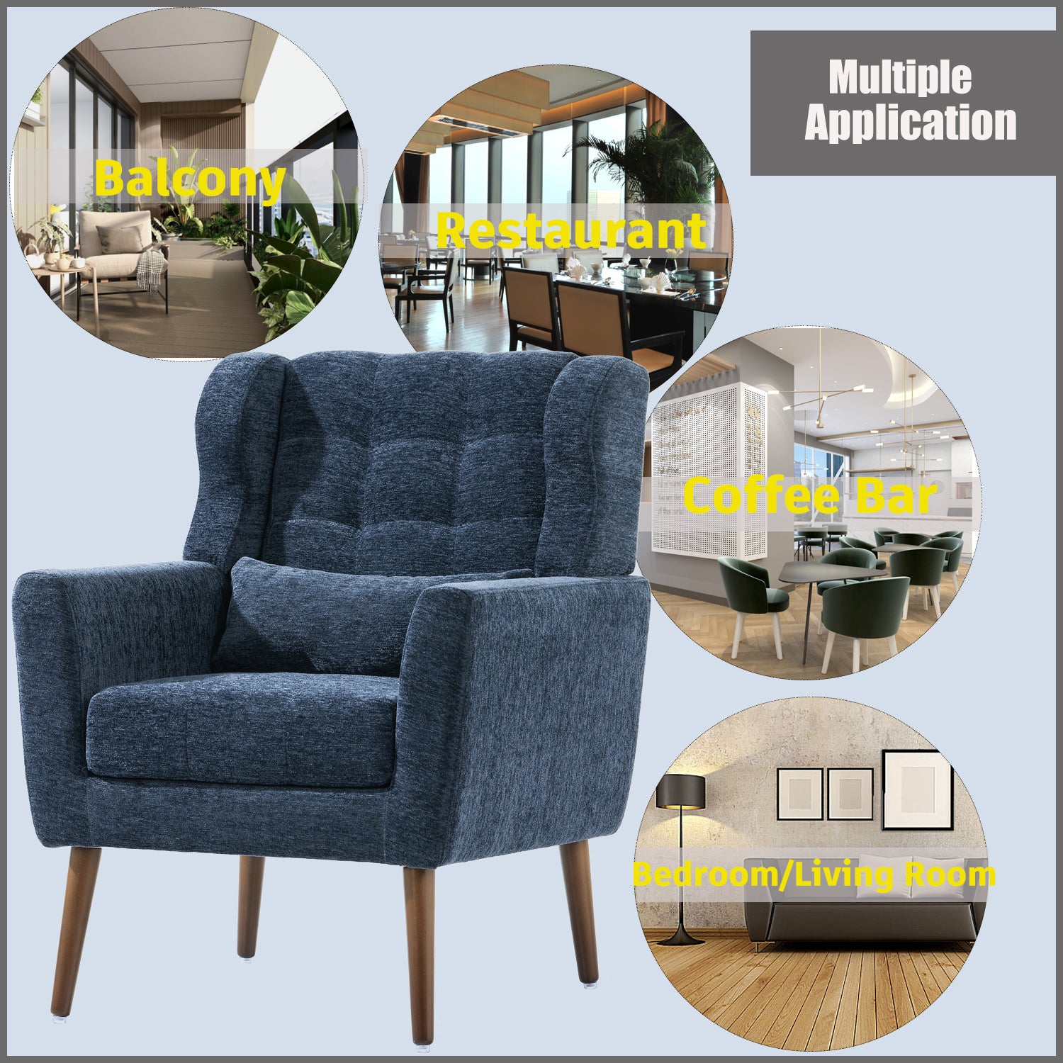 Modern Accent Chair,Chenille Arm Chairs for Living Room,Upholstered Mordern Armchair,Comfy Soft Padded Lounge Chair in Small Space, Bedroom, w/Pillow, Solid Wood Leg (Dark Blue) - Grand Goldman Shop