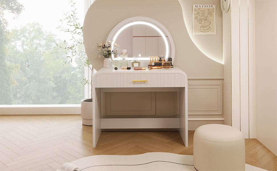 39' Makeup Vanity Table with Mirror Touch Screen Lighted Mirror, Dressing Table with Drawer for Bedroom, White - Grand Goldman Shop