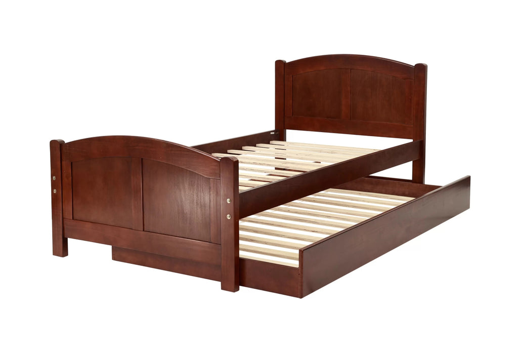 Twin Size Bed w/ Trundle Slats Dark Cherry Pine Plywood Kids Youth Bedroom Furniture | Premium Home Decor - Grand Goldman