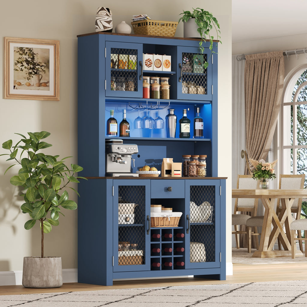 70.9' Kitchen Pantry Storage Cabinet Rustic Buffet Cabinet, Kitchen Hutch Cabinet with LED Outlets Food Pantry Cabinet with Doors and Shelves Wine Rack for Dining Room, Navy Blue - Grand Goldman Shop
