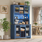 70.9' Kitchen Pantry Storage Cabinet Rustic Buffet Cabinet, Kitchen Hutch Cabinet with LED Outlets Food Pantry Cabinet with Doors and Shelves Wine Rack for Dining Room, Navy Blue - Grand Goldman Shop