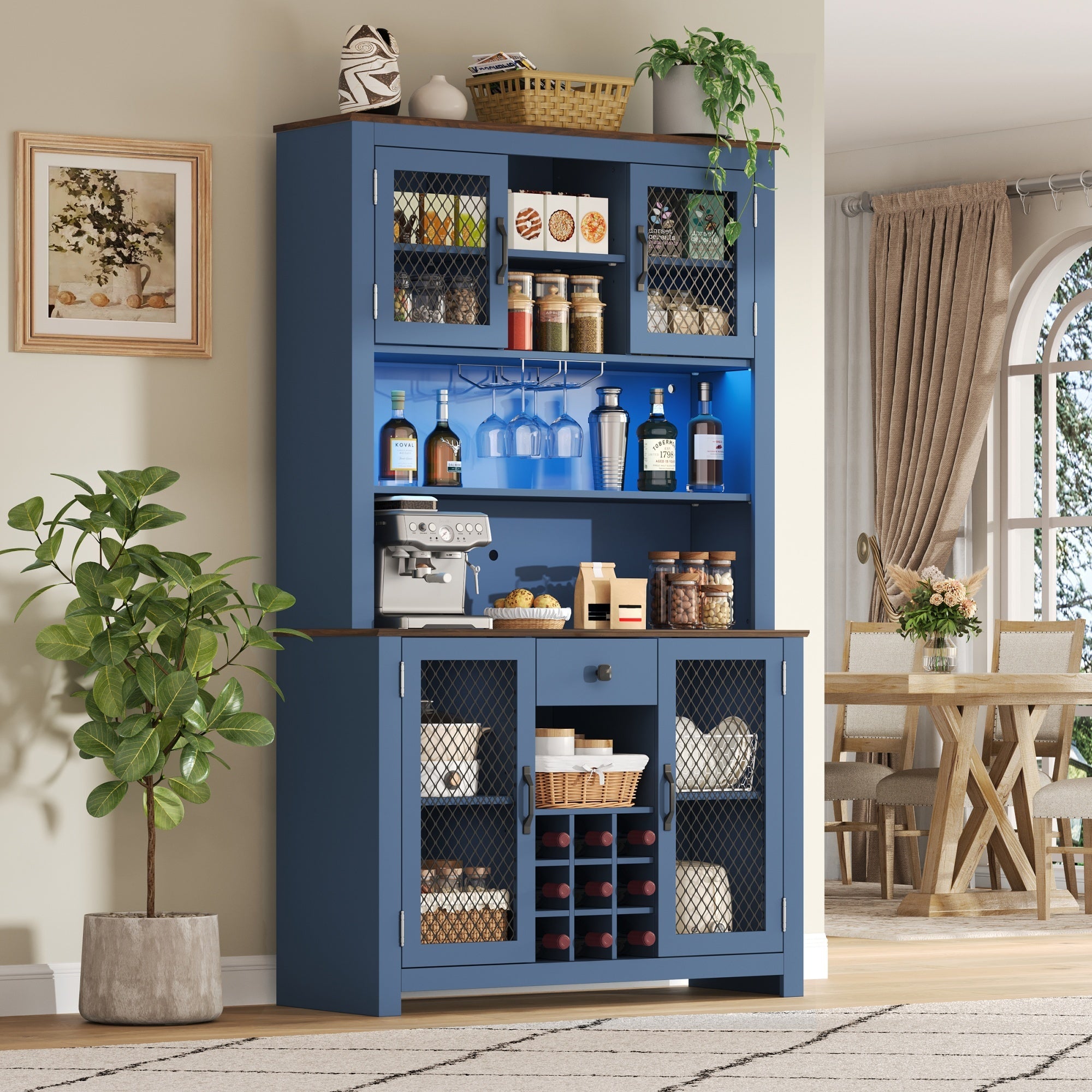 70.9' Kitchen Pantry Storage Cabinet Rustic Buffet Cabinet, Kitchen Hutch Cabinet with LED Outlets Food Pantry Cabinet with Doors and Shelves Wine Rack for Dining Room, Navy Blue - Grand Goldman Shop