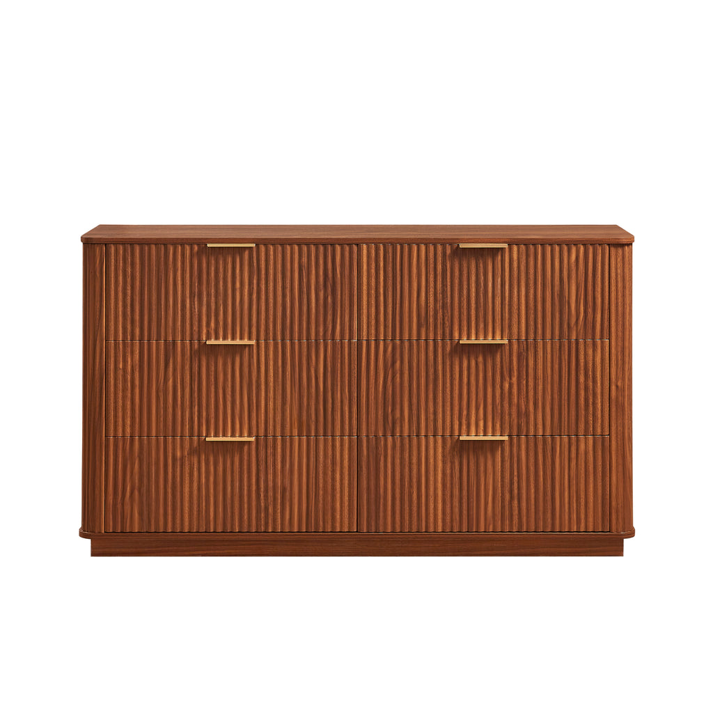 6 Drawers Dresser,55' Wide Modern Chest of Drawers Curved wave Design, Dresser TV Stand, Wood Drawer Organizer for Bedroom, Living Room, Hallway, Walnut,55.12''W x 15.75''D x 31.5''H. - Grand Goldman Shop
