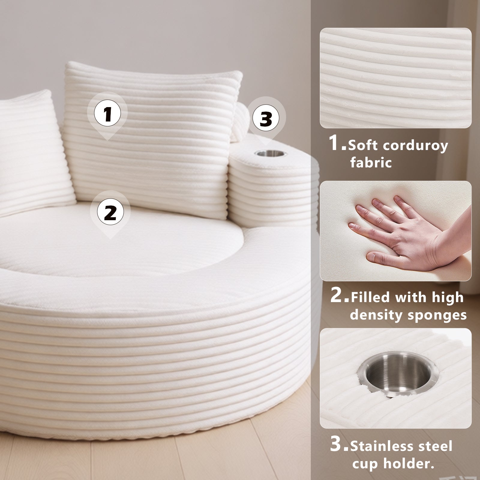 Round Sofa Bed with Memory Foam Sectional Couches for Living Room, Cloud Couch with three pillows, White - Grand Goldman Shop
