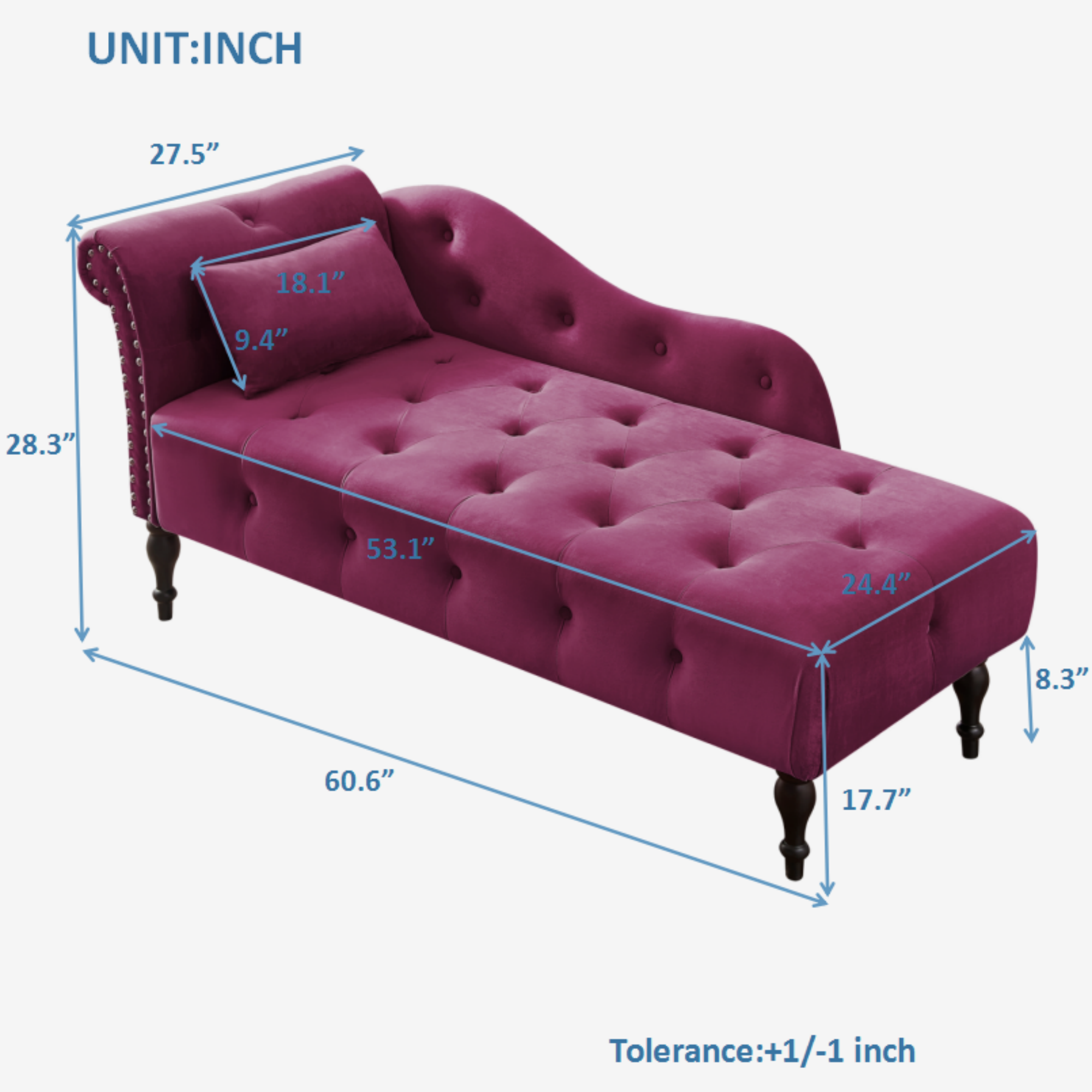 Aijia 60.6' Velvet Chaise Lounge Buttons Tufted Nailhead Trimmed Solid Wood Legs with 1 Pillow,Burgundy  (Left Arm Design as Shown in the Picture) - Grand Goldman Shop