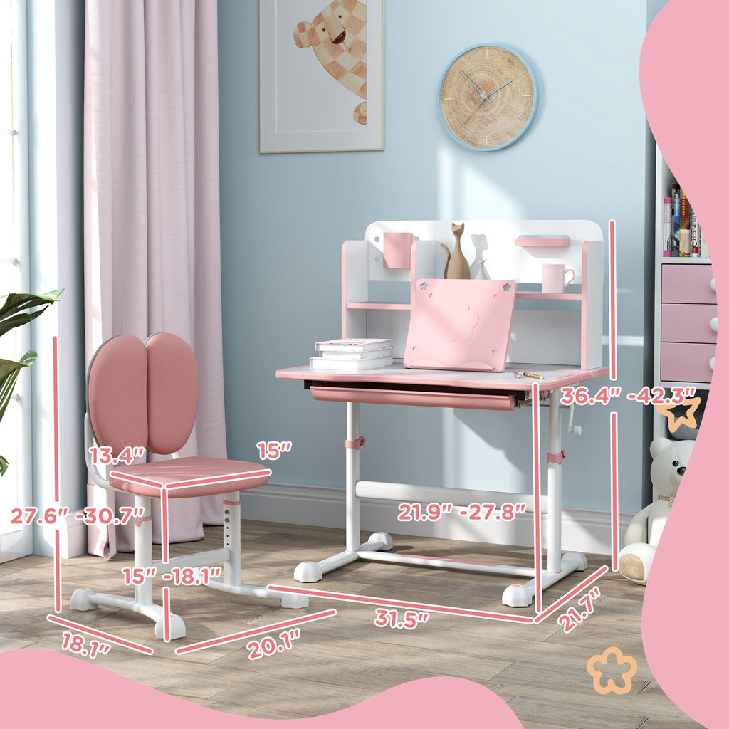 Qaba Kids Desk and Chair Set, Height Adjustable Kids School Study Desk and Chair Set with Tilt Desktop, Storage Drawer and Re