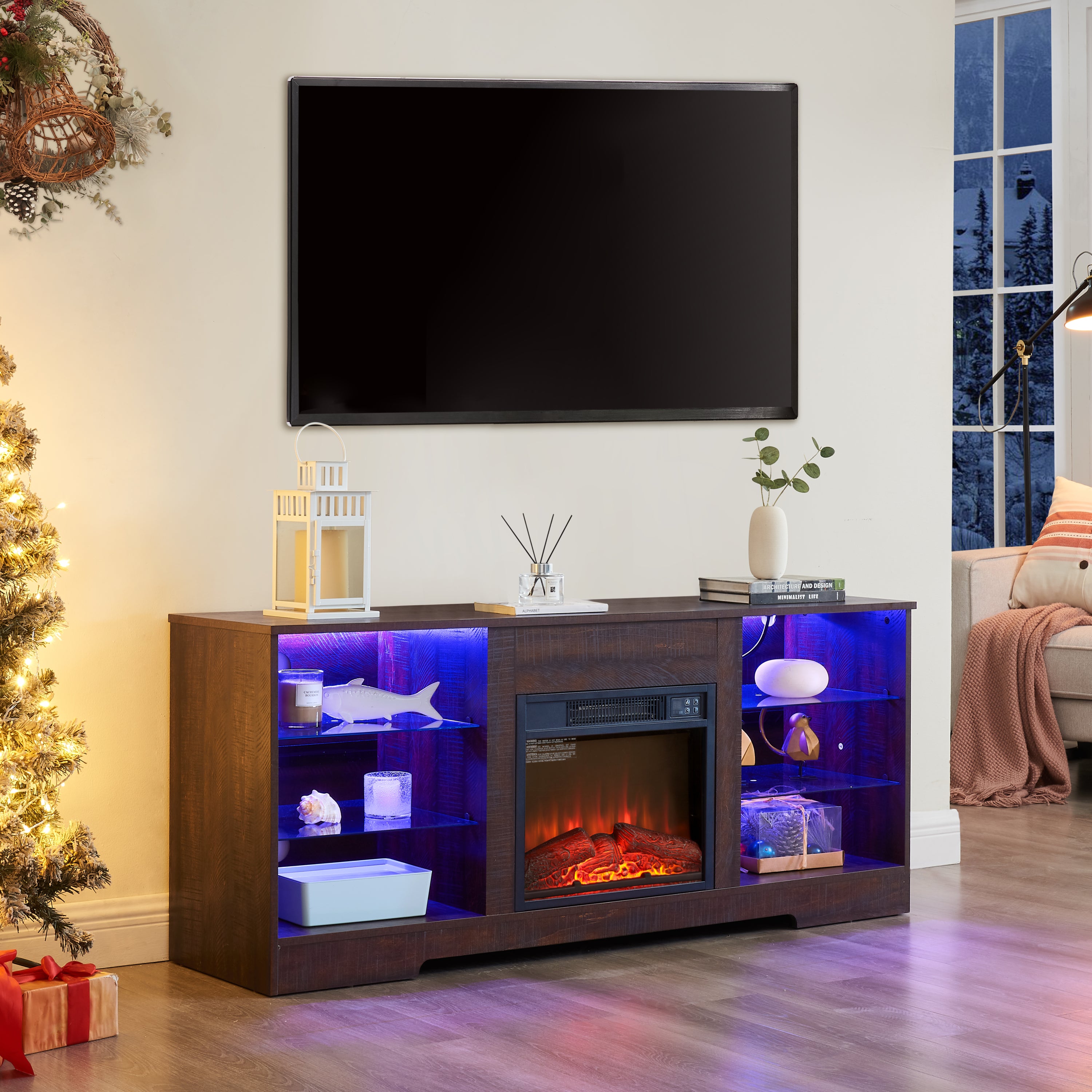 TV Stand Electric Fireplace TV Stand with Glass Shelves, 3D Fireplace TV Stand with LED Lights Wood with USB Charging Outlet Modern Television Table Center for TV up to 32-62' ESP 58''W*15.4''D*24.6 - Grand Goldman Shop