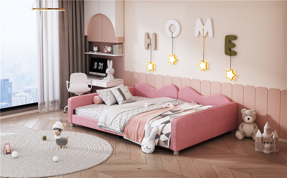 Full size Upholstered Daybed, Sherpa Fabric Sofabed with Cloud-Shaped Backrest, No Box-spring Needed, Pink(Old SKU: WF532069AAH) - Grand Goldman Shop
