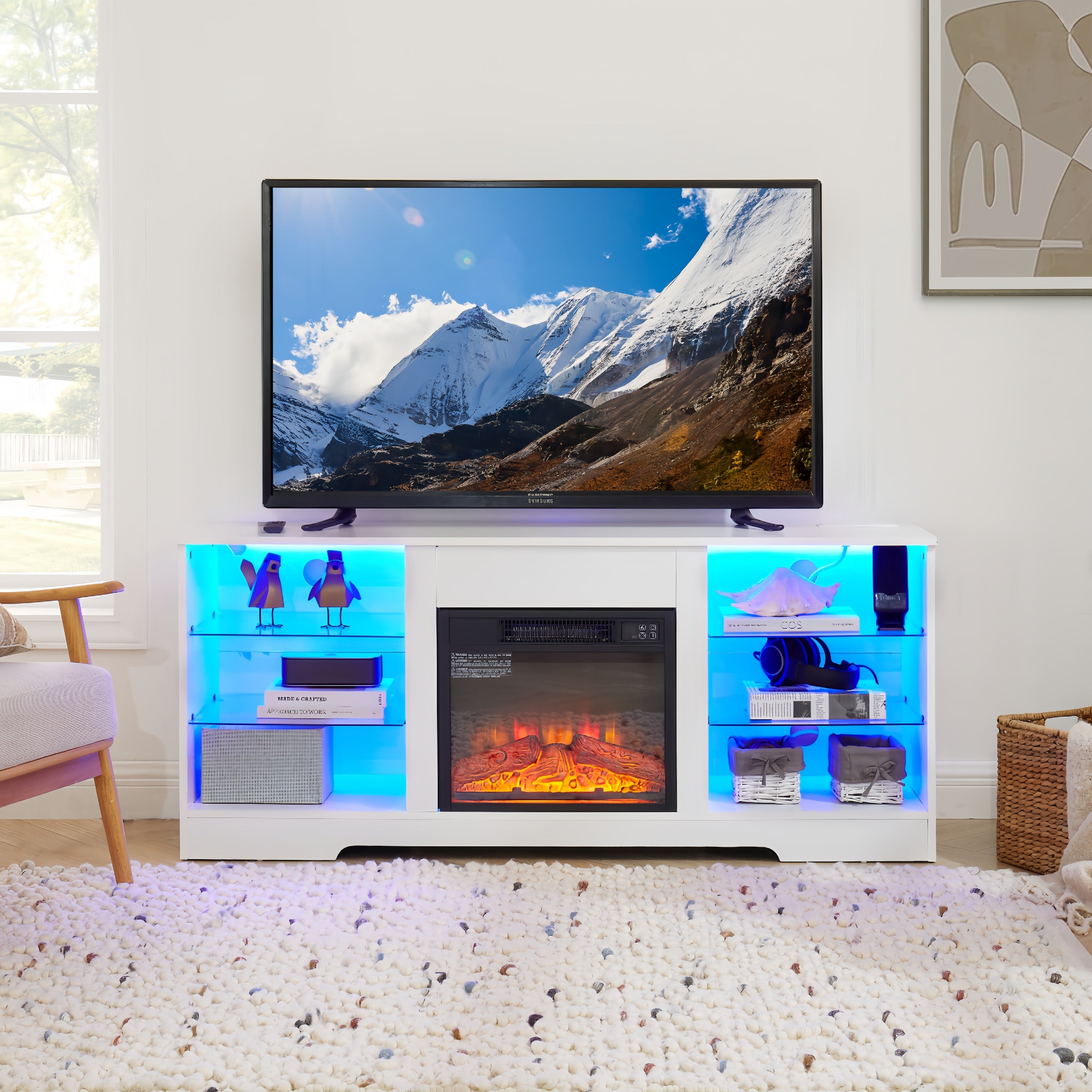 TV Stand Electric Fireplace  Glass Shelves, 3D Fireplace TV Stand with LED Lights Wood with USB Charging Outlet Modern Television Table Center for TV up to 62' White, 58''W*15.4''D*24.6 - Grand Goldman Shop