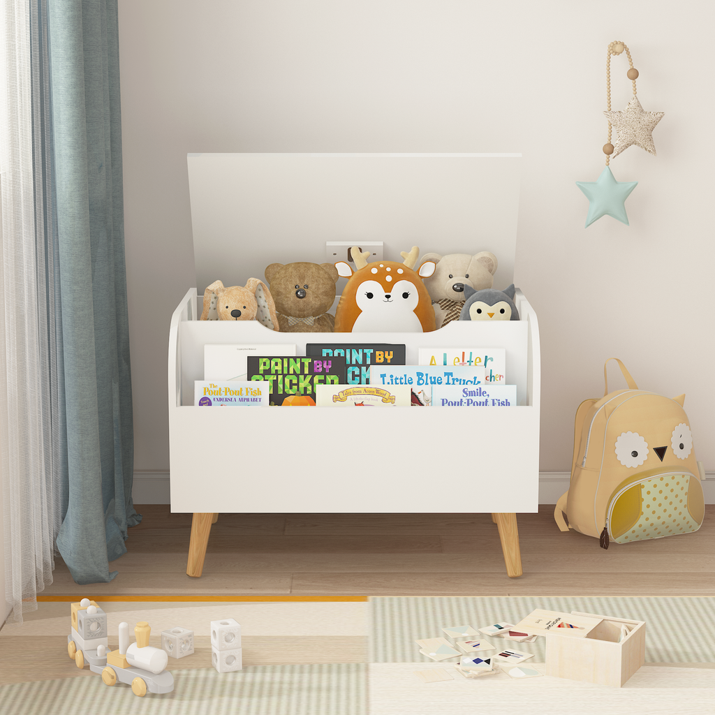 Wooden Toy Box with Front Bookshelf, Flip-Top Lid, Safety Hinge for Kids Room Organization in White, Solid Wood & MDF Constru