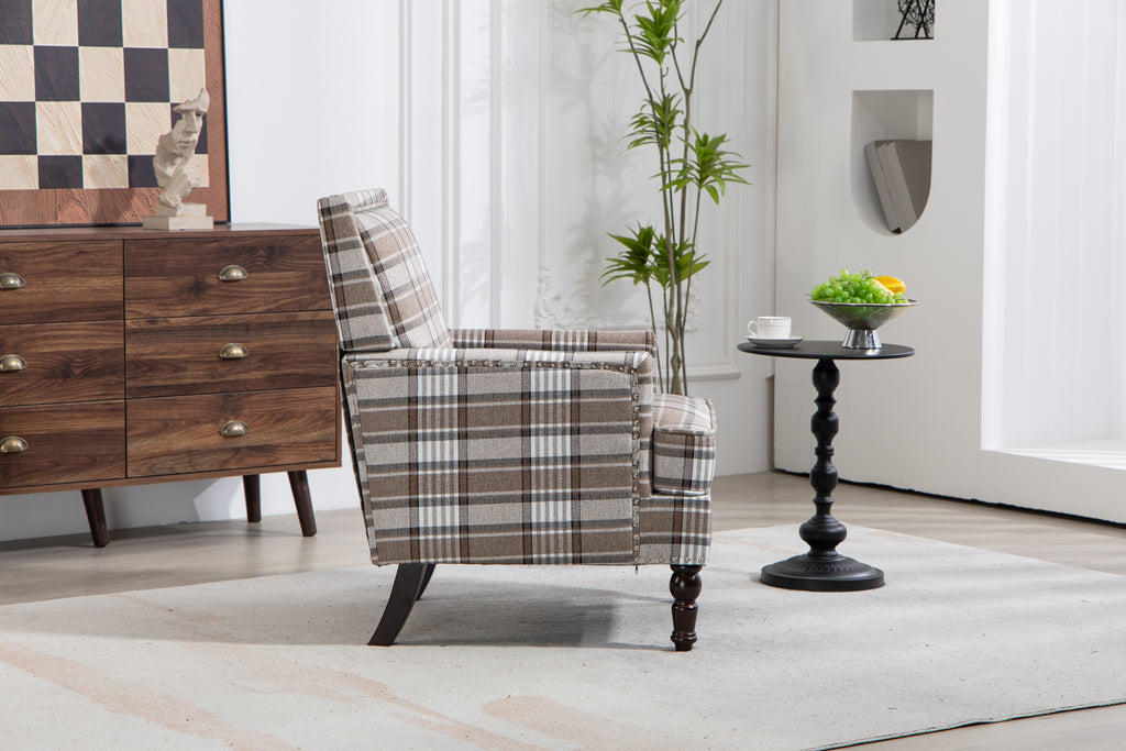 Upholstered Accent Chair, Vintage Armchair with Brown Linen Fabric and Nailhead Trim for Living Room - Grand Goldman Shop