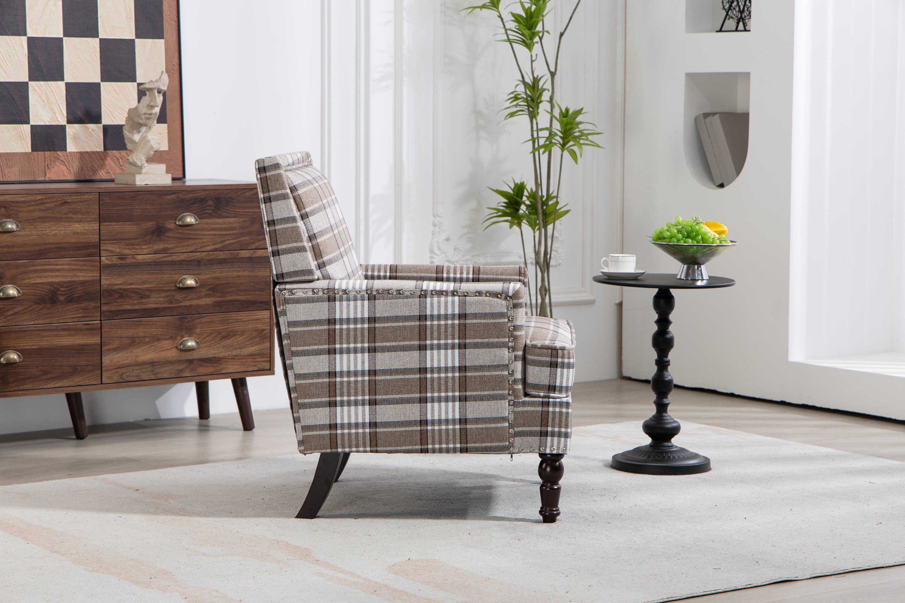 Upholstered Accent Chair, Vintage Armchair with Brown Linen Fabric and Nailhead Trim for Living Room - Grand Goldman Shop