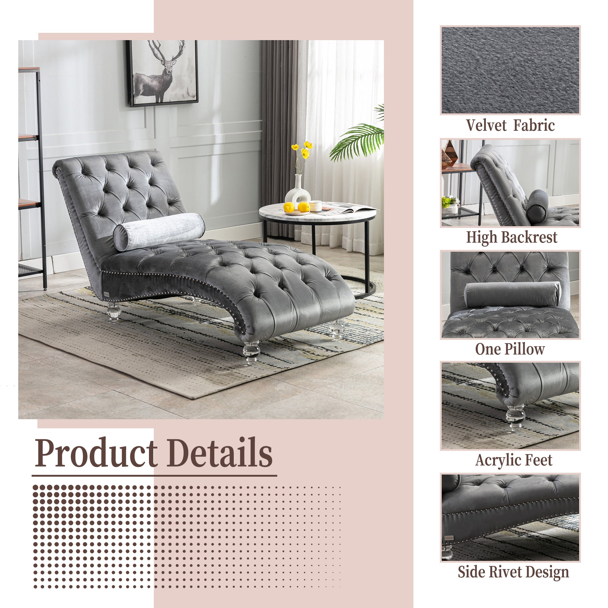Velvet Chaise Lounge Indoor, Button-Tufted Upholstered Chaise Lounge Chair with Pillow, Silver Velvet, 63.98 Inches - Grand Goldman Shop