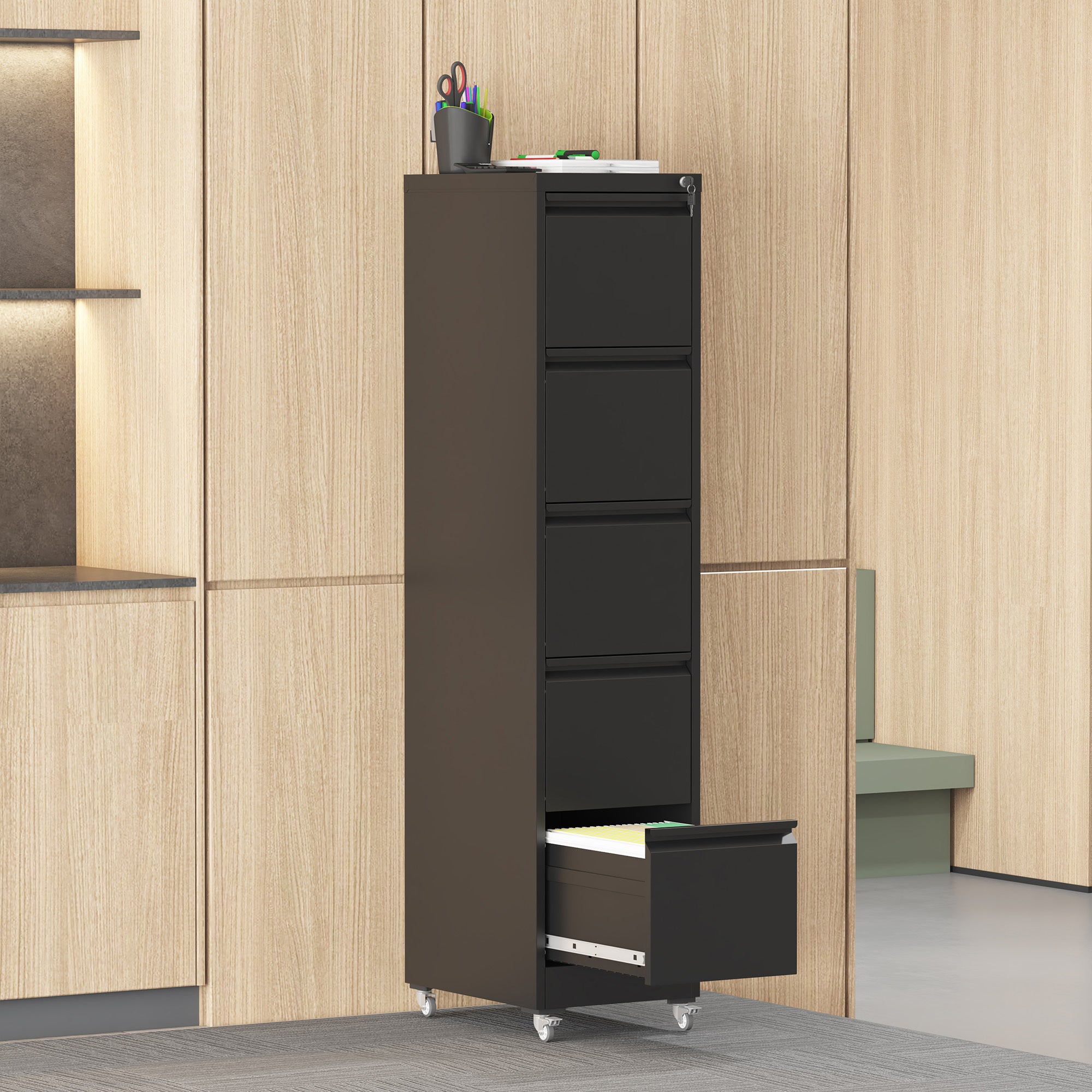 Heavy Duty Black Metal 5 Drawer Vertical File Cabinet with Lock and Wheels for Home Office | Premium Home Decor - Grand Goldm