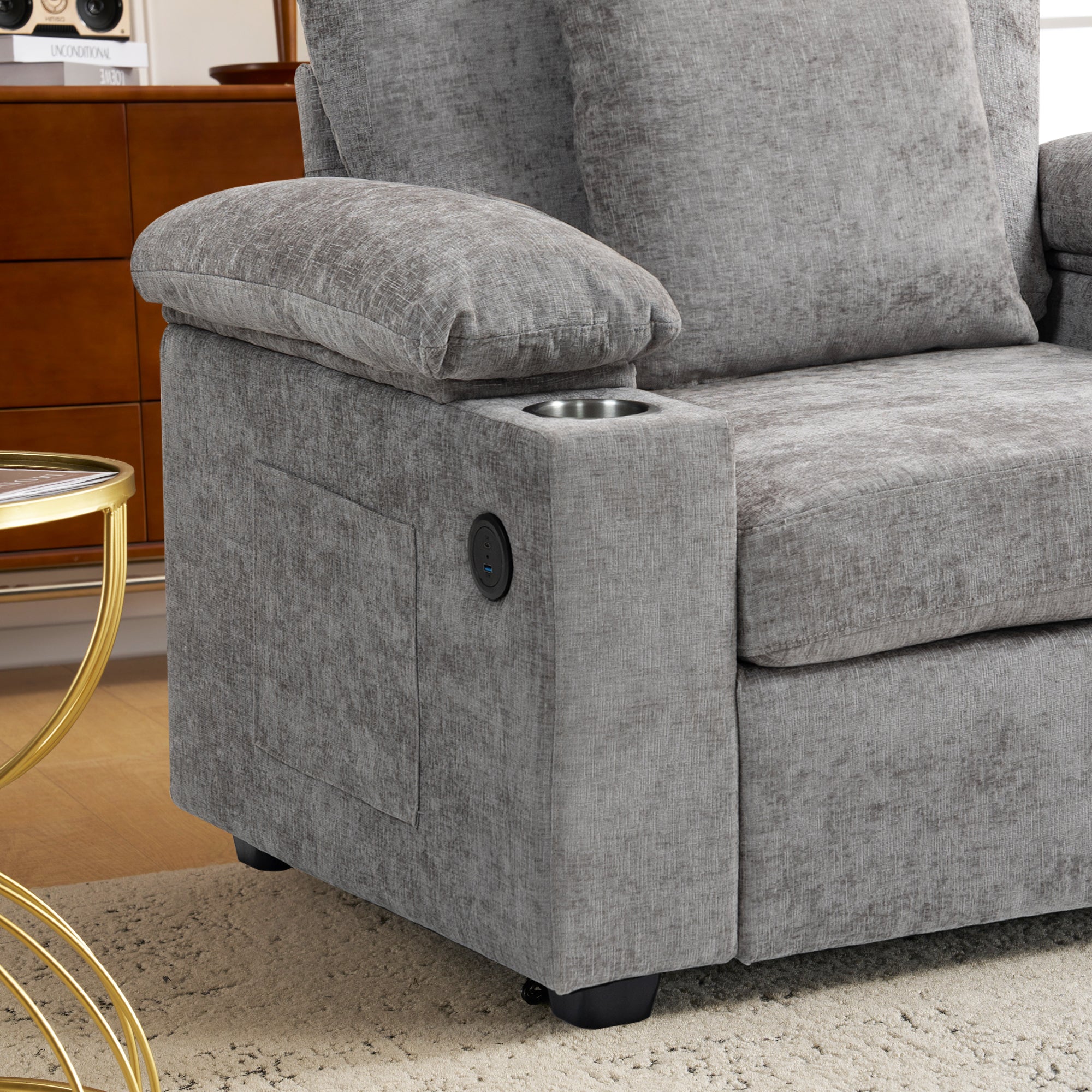 Modern Oversized Chair with Ottoman,Chenille Fabric Sofa Bed,Accent Chair Comfy Sofa with Cupholders and USB Charging Ports Chair for Living Room,Bedroom,Apartment - Grand Goldman Shop