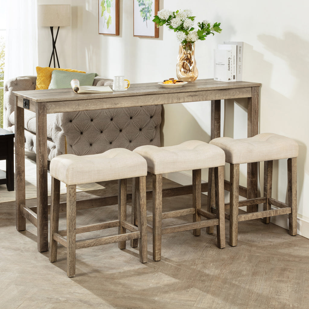 4-Piece Bar Table Set with Power Outlet, Dining Bar Table and Chairs Set, Bar Table Set with 3 Padded Stools for Living Room, Dining Room, Game Room, Brown - Grand Goldman Shop