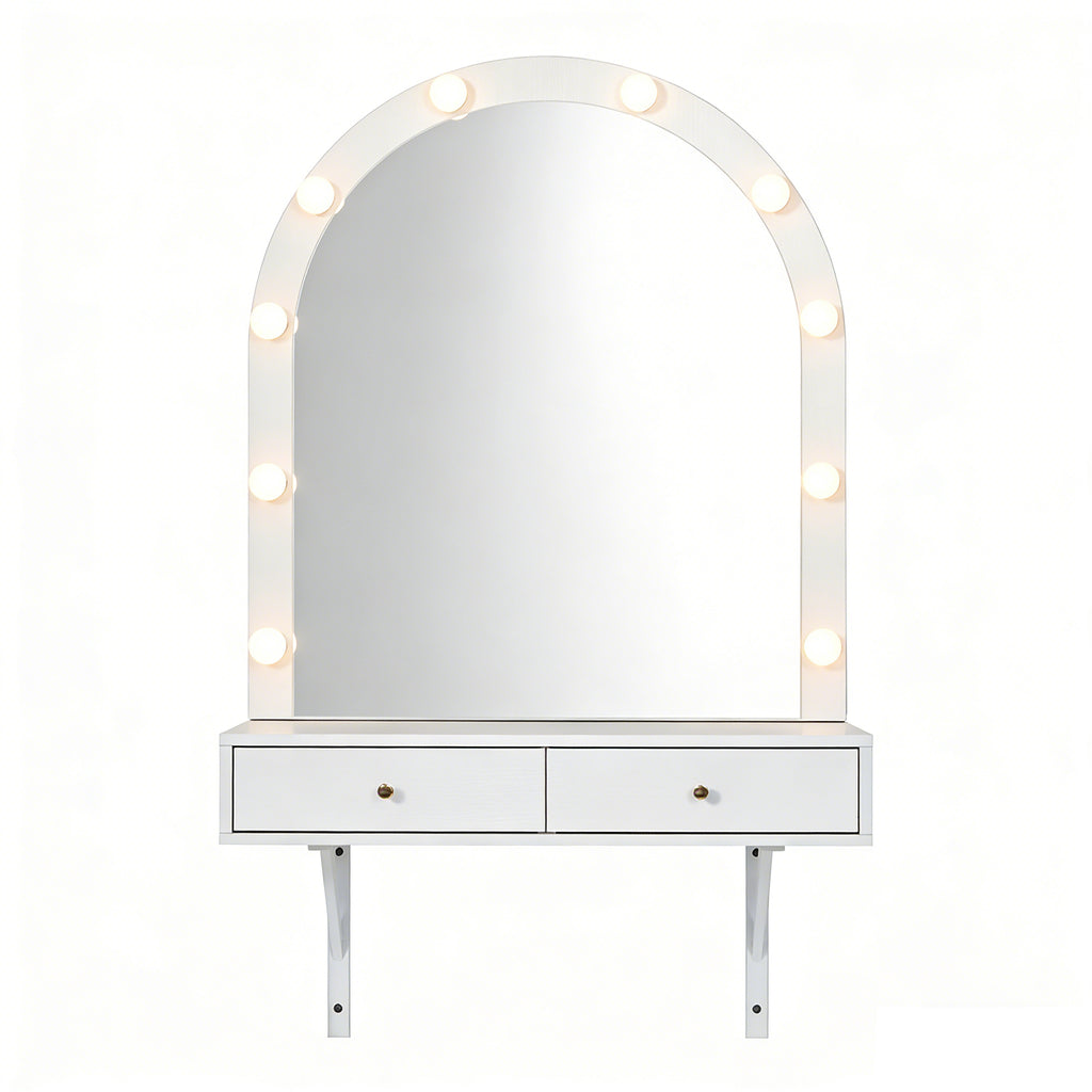 Floating Makeup Vanity Desk with Mirror & 3-Color Lights, Wall Dressing Table with Power Outlet, Compact vanity, Large Storage, White - Grand Goldman Shop