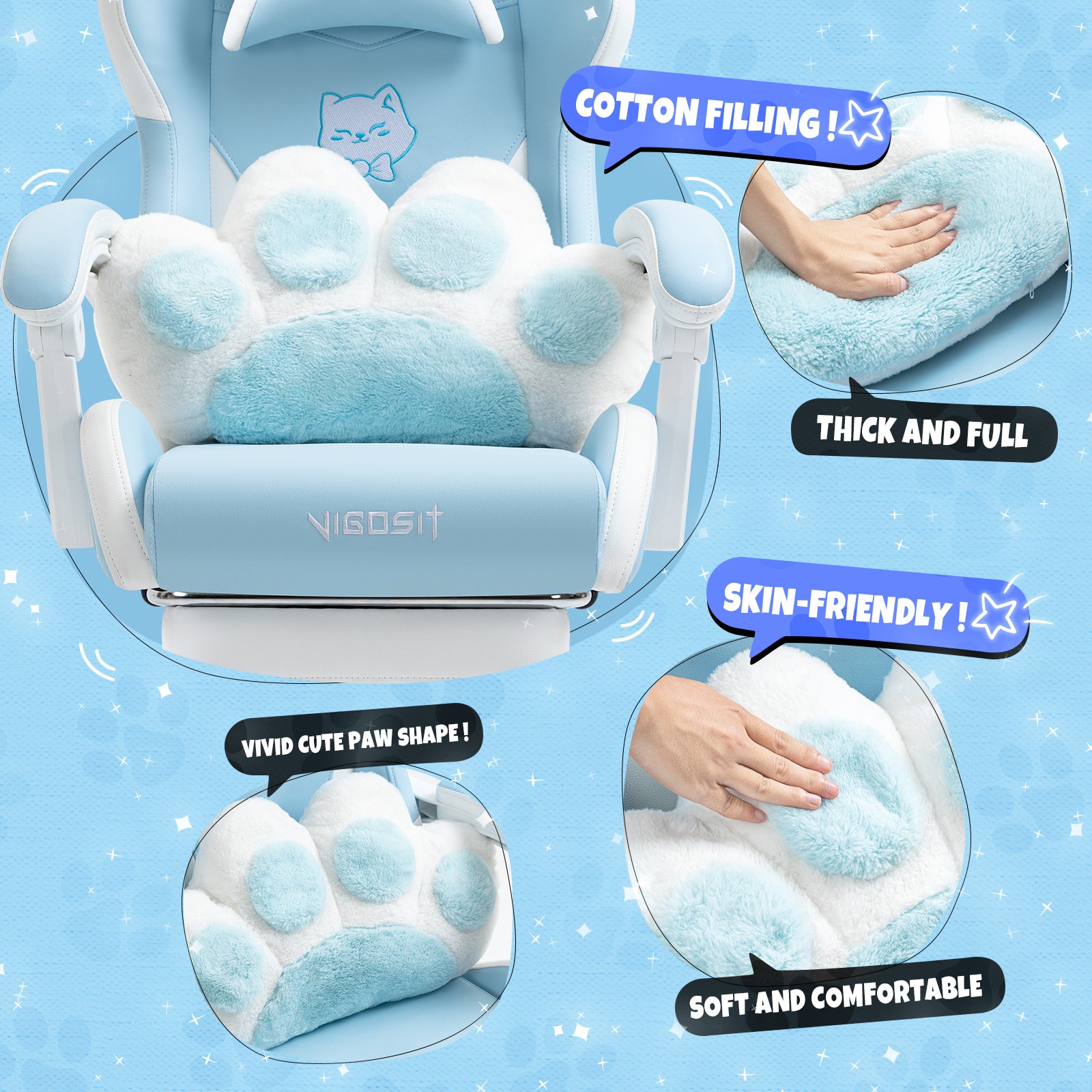 Cat Ears Gaming Chair - Ergonomic PU Leather Office Chair, Cute Chair with Footrest for Adult 310lbs Capacity, 90°-155° Recli