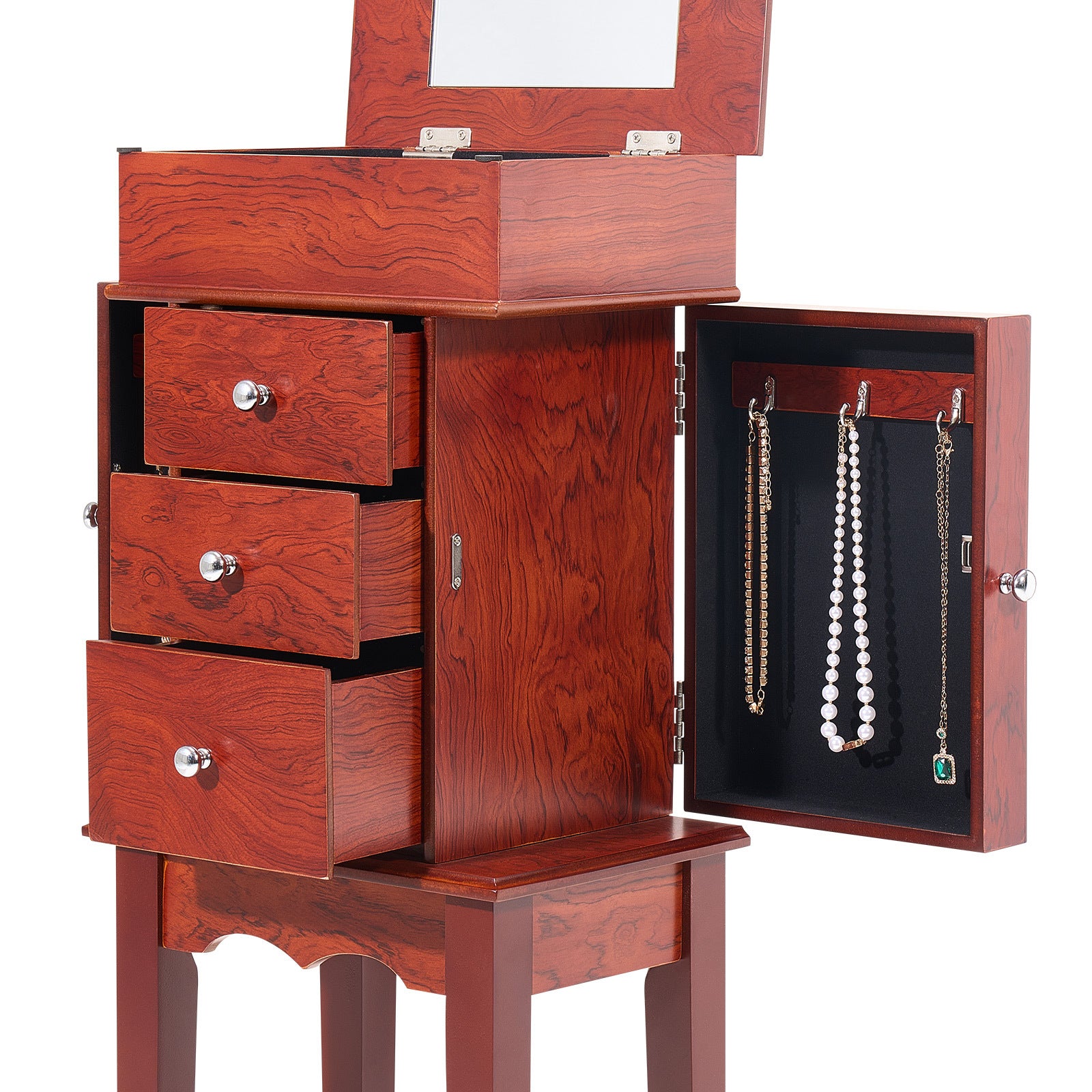 Jewelry Cabinet Armoire Standing Jewelry Storage Chest with 3 Drawers & Mirror - Grand Goldman Shop