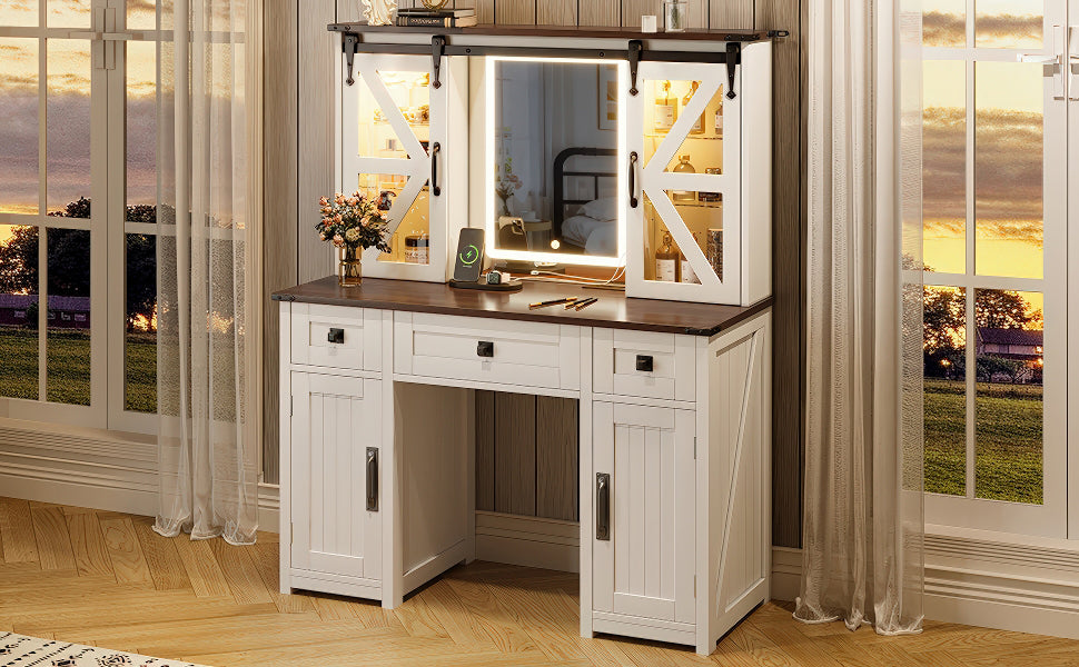 43.3' Farmhouse Makeup Vanity Desk with Lighted Mirror, Vanity Table Set with Charging Station, Dressing Table with Sliding Barn Door Hidden Shelves & 3 Drawers & 4 Cabinets, Beige - Grand Goldman Shop